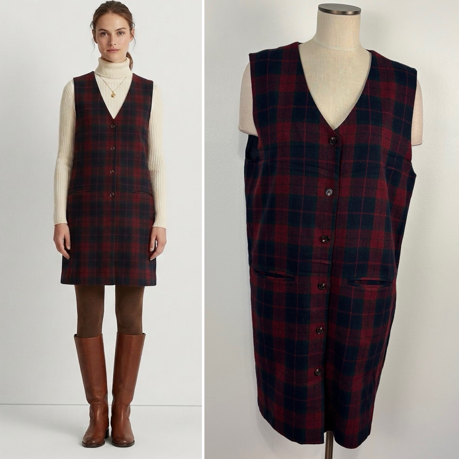 VTG Sag Harbor Plaid Wool Blend Jumper Dress 14 Dark Academia Preppy 