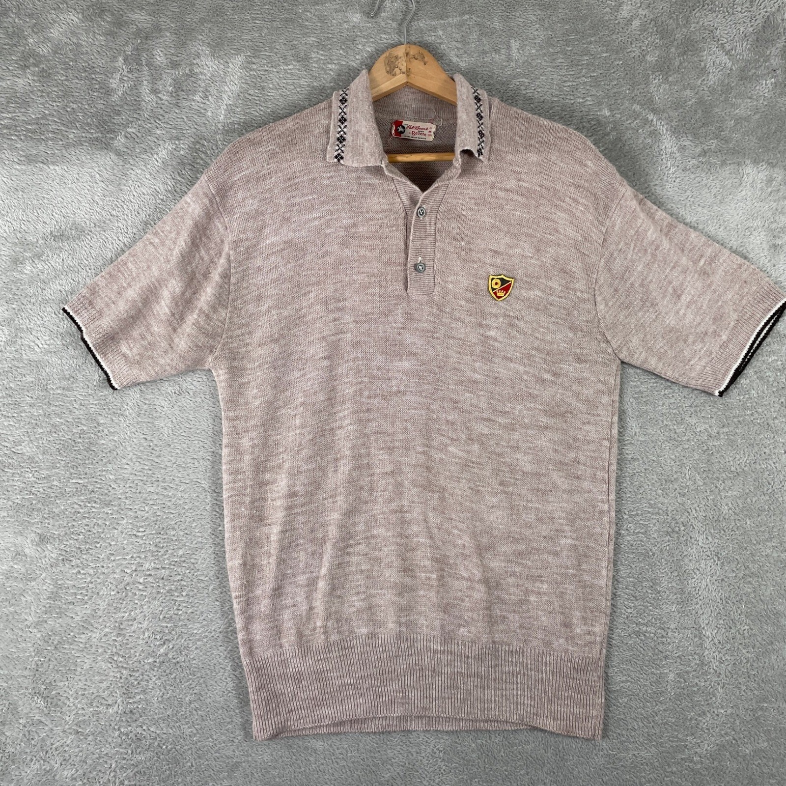 Revere Pat Boone Shirt Mens Medium Tan Argyle Retro Orlon Knit Preppy Polo