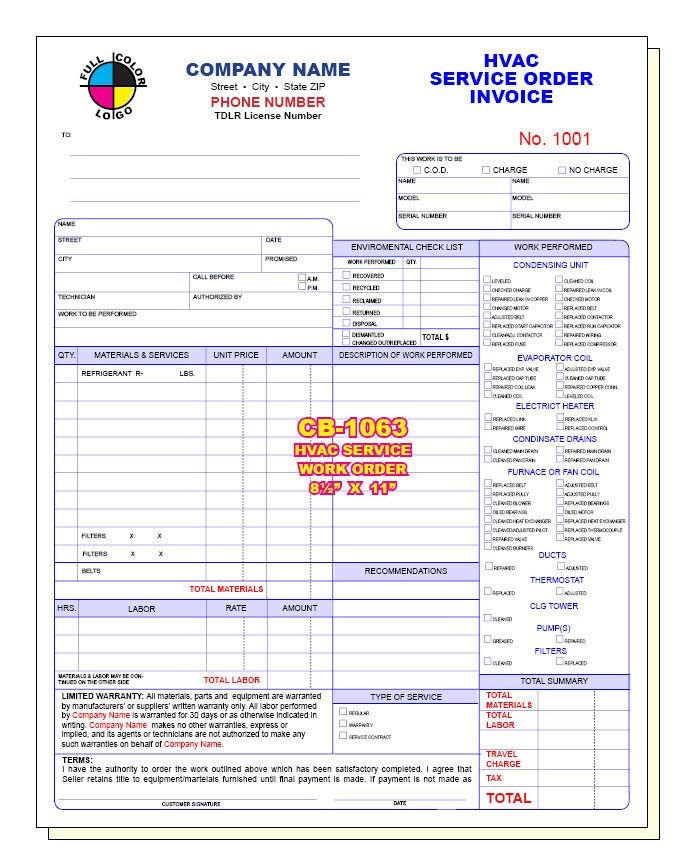 HVAC INVOICE  Custom Printed 2, 3 or 4 Part Carbonless Sets & Books CB-1063