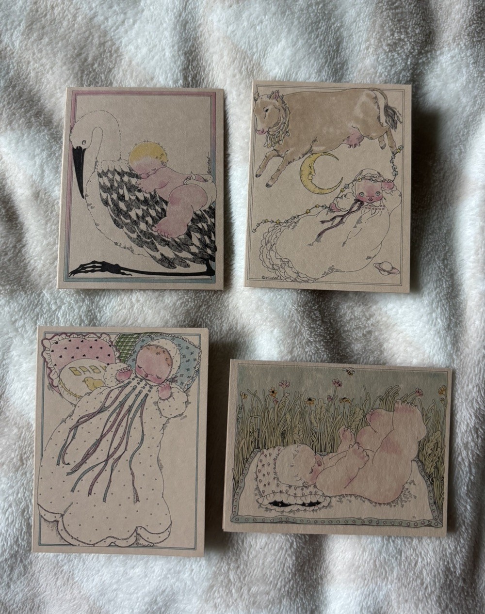 Vintage Michel & Co Lot of 4 Unused Mini Tan Notecards Whimsical Baby Birth Cute Vintage Michel & Co Lot of 4 Unused Mini Tan Notecards Whimsical Baby Birth Cute
