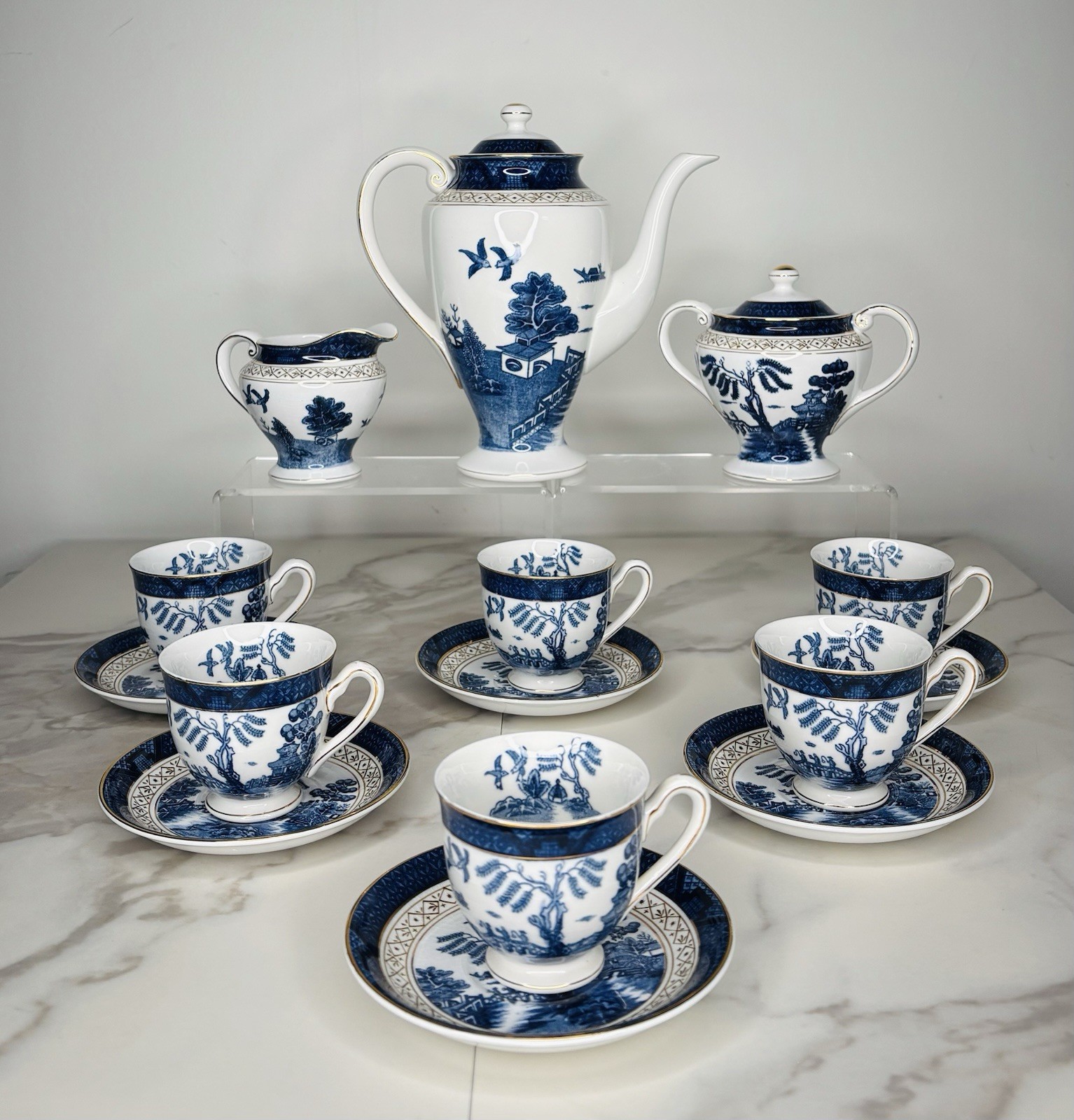 15 Pcs Vintage Nikko Double Phoenix Blue Willow Ironstone Set w/ Gold Trim Japan