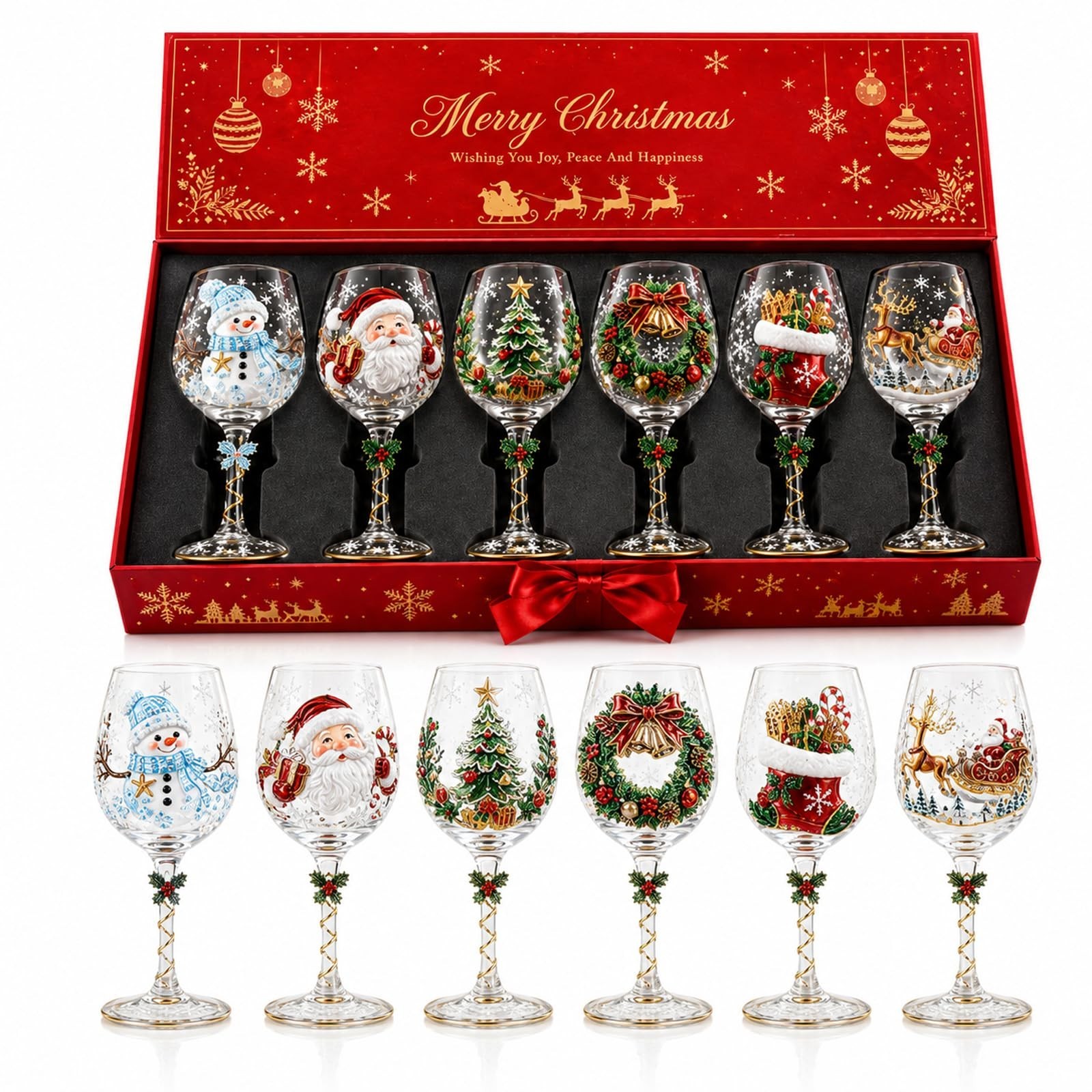 Christmas 3D Wine Glass Collection Gift Box Set, 3D Santa Christmas Wine Glass