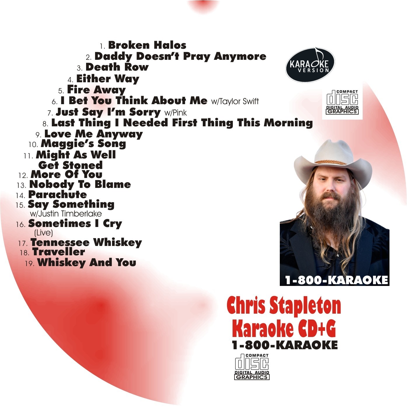 CUSTOM KARAOKE CHRIS STAPLETON 19 GREAT SONG cdg CD+G TENNESSEE WHISKEY MORE V1