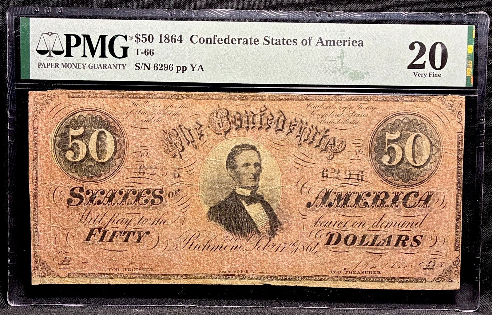 T-66 1864 Confederate States $50 Civil War CSA Obsolete Banknote Currency PMG 20