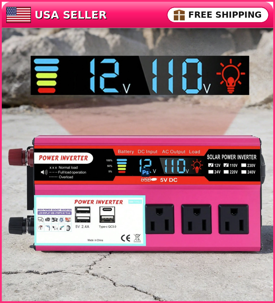 5000W Car Power Inverter Pure Sine Wave 12V DC to 110V AC LCD Type-C