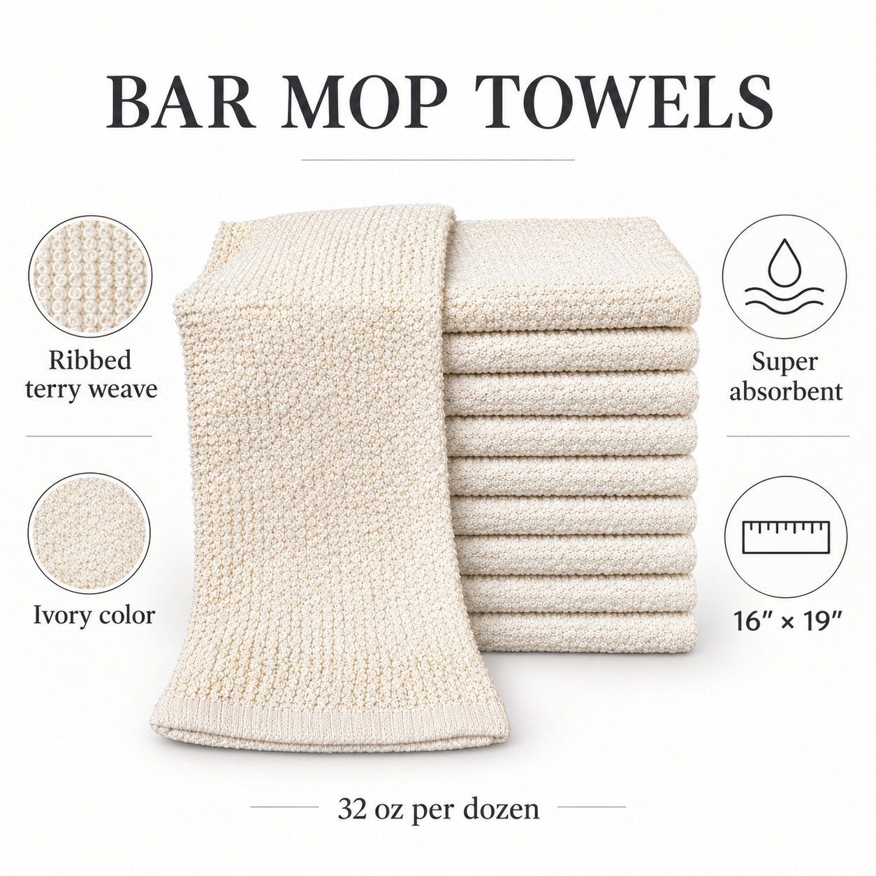 Bar Mop Towels Ribbed Terry Weave Ivory 16\