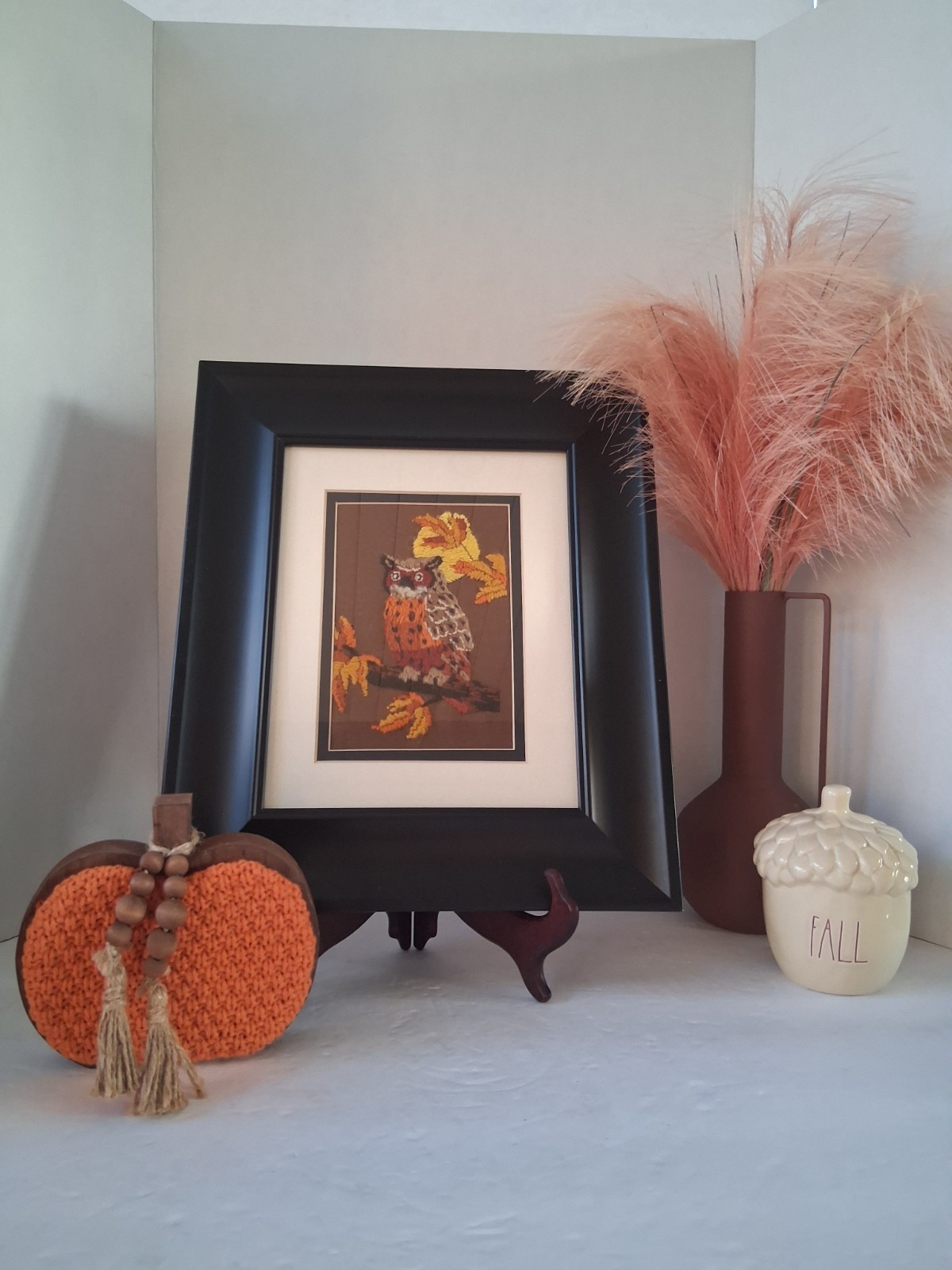 Vtg 1978 Sunset Designs  OWL Completed Crewel Artwork Piece; Dbl Matted/Framed