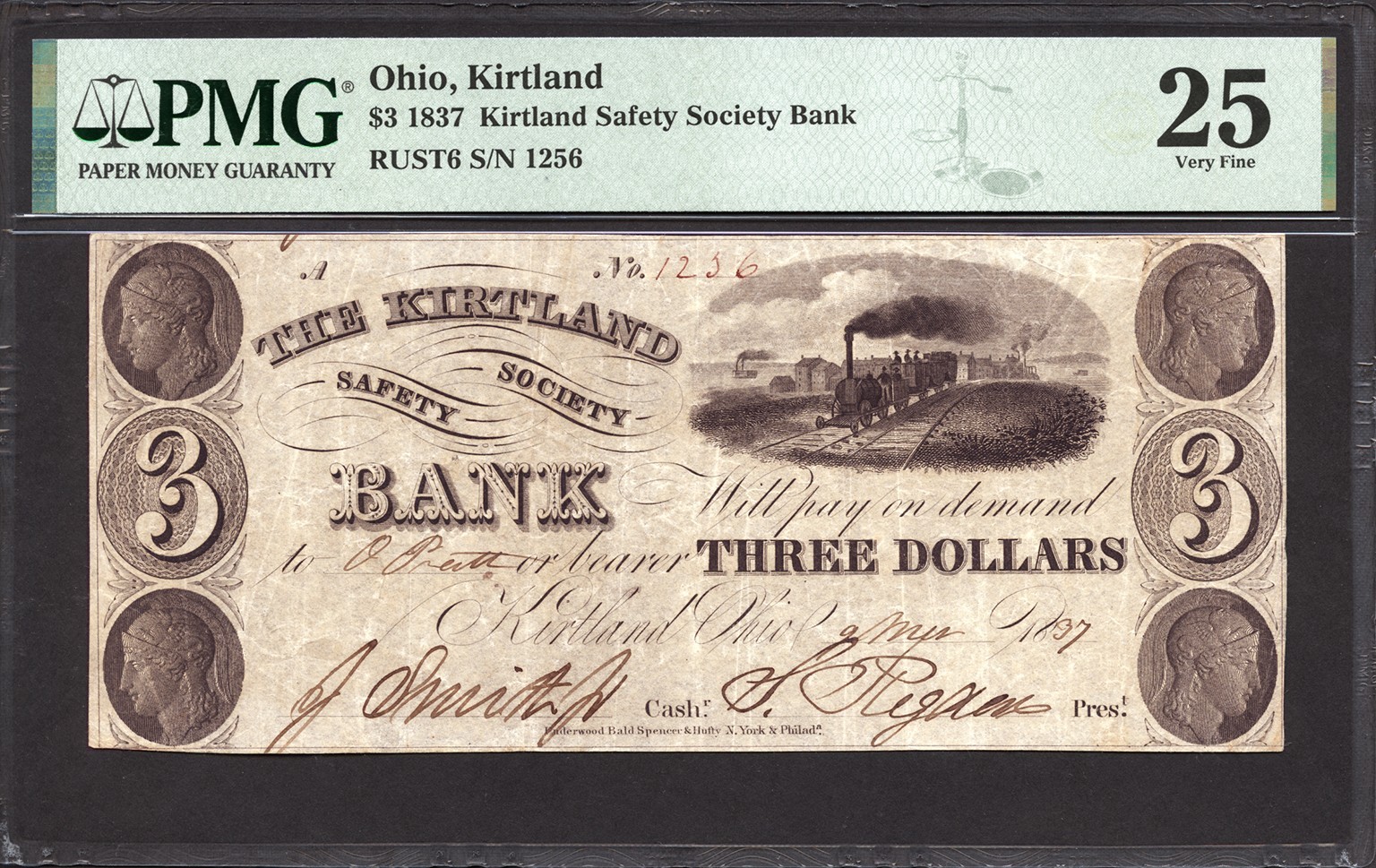$3 1837 Kirtland Safety Society Bank Rust 6 PMG 25 - Rare Mormon Paper Money
