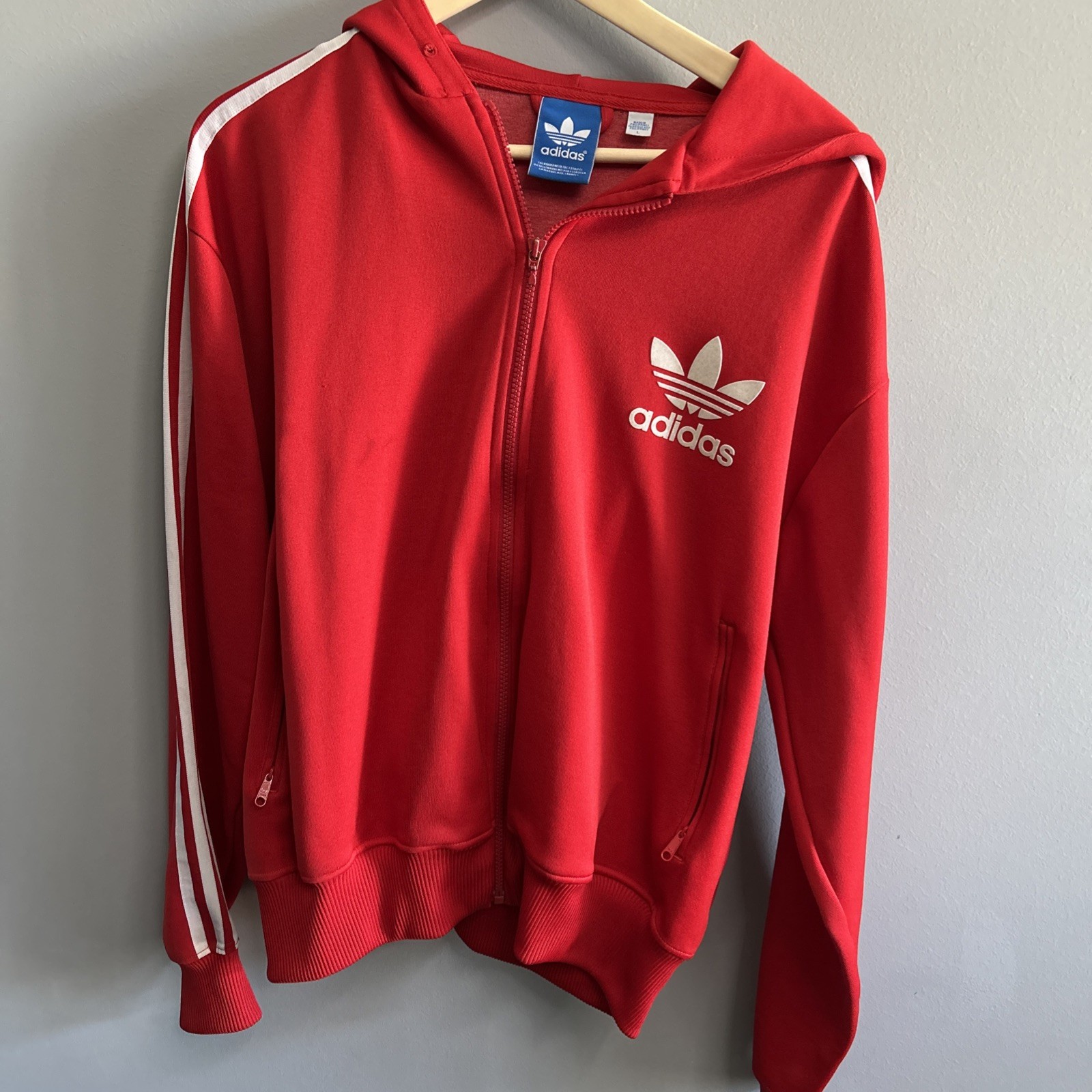Vintage Adidas trefoil Zippered Warm-Up Sweatshirt Jacket size L Red White 0039 Vintage Adidas trefoil Zippered Warm-Up Sweatshirt Jacket size L Red White 0039