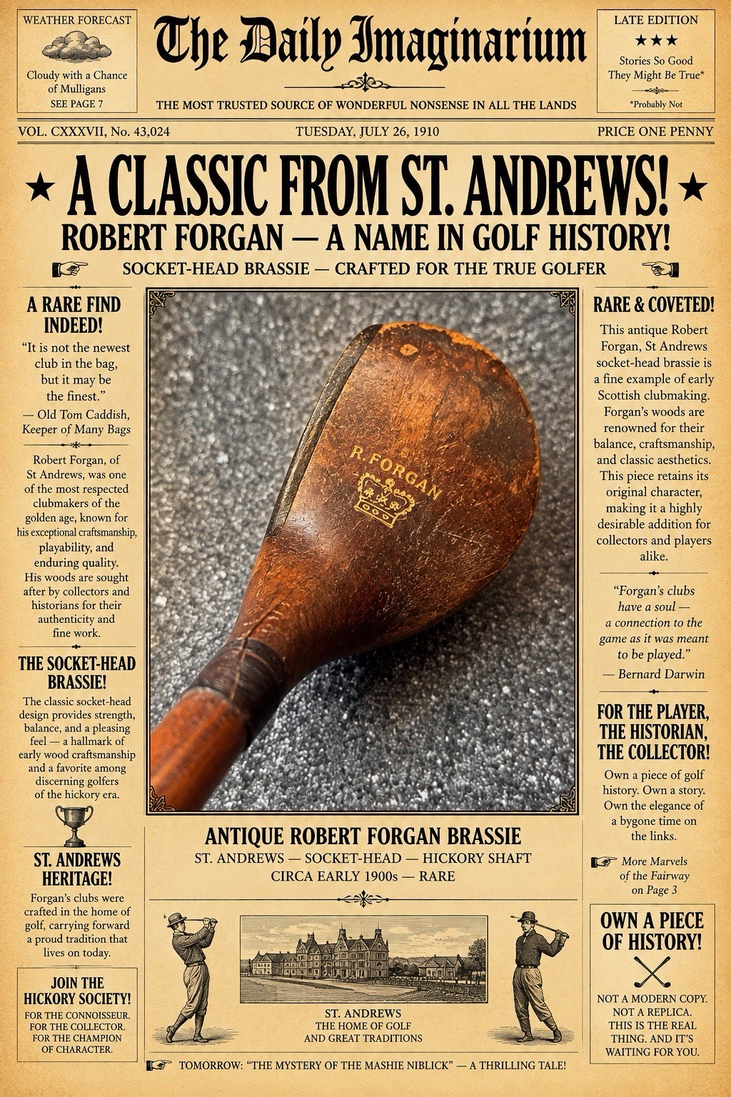 Antique Hickory Shaft Robert Forgan, St Andrews — Socket-Head Brassie Wood