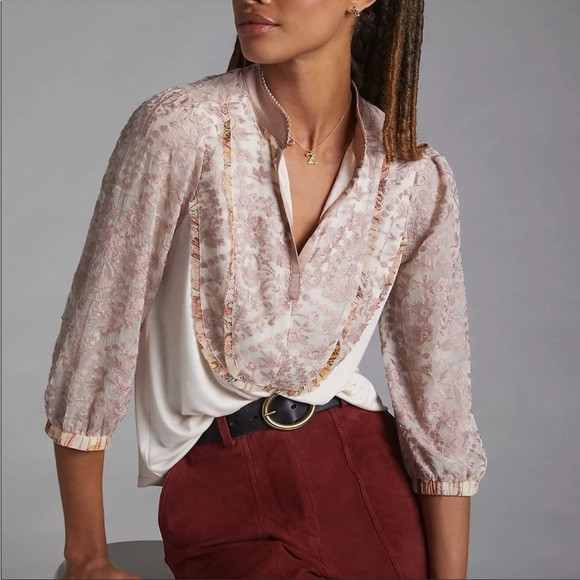 Tiny by Anthropologie Cream & Pink High Neck Ruffle Front Blouse Size Small Tiny by Anthropologie Cream & Pink High Neck Ruffle Front Blouse Size Small