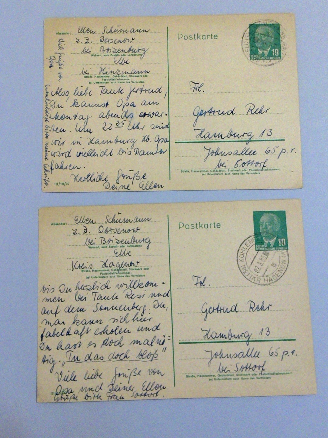 1955 GDR East Germany to West Germany Postcards Kuhlenfeld to Hamburg #507