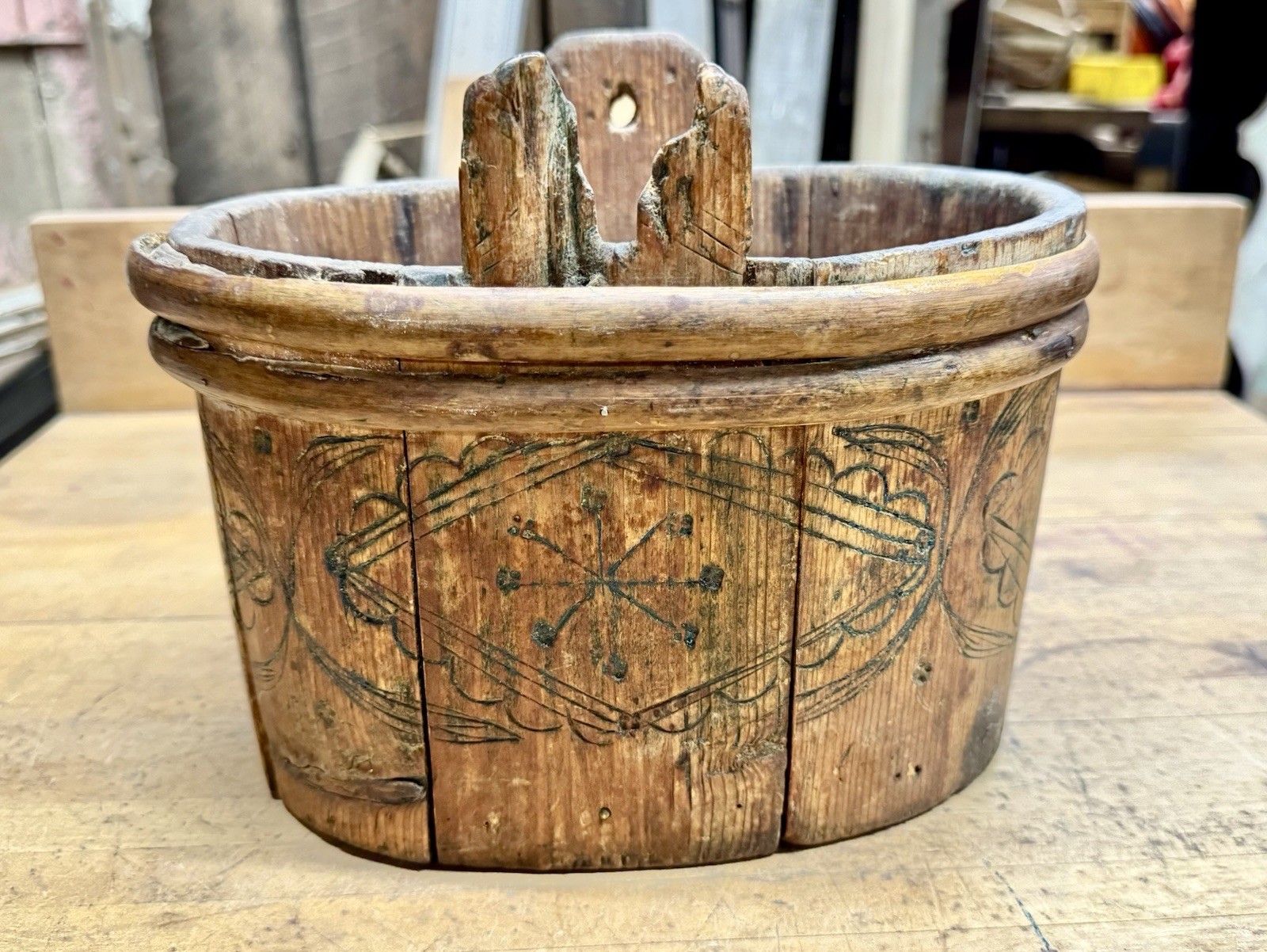 Antique Bent Wooden Oval Box Primitive Wood Bucket With Cravings