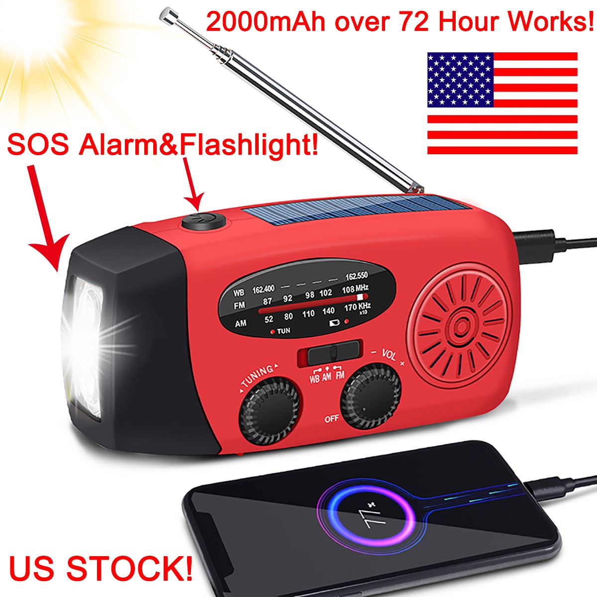 Emergency Solar Hand Crank Weather Radio 20000mAh Power Bank Charger Flash Light