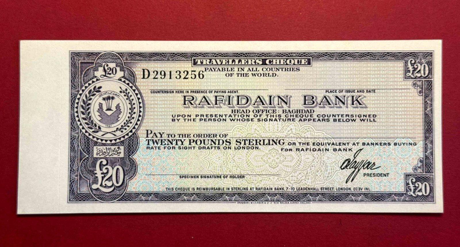 Rafidain Bank Traveler's Cheque Bagdad (20 Pounds ) 1965