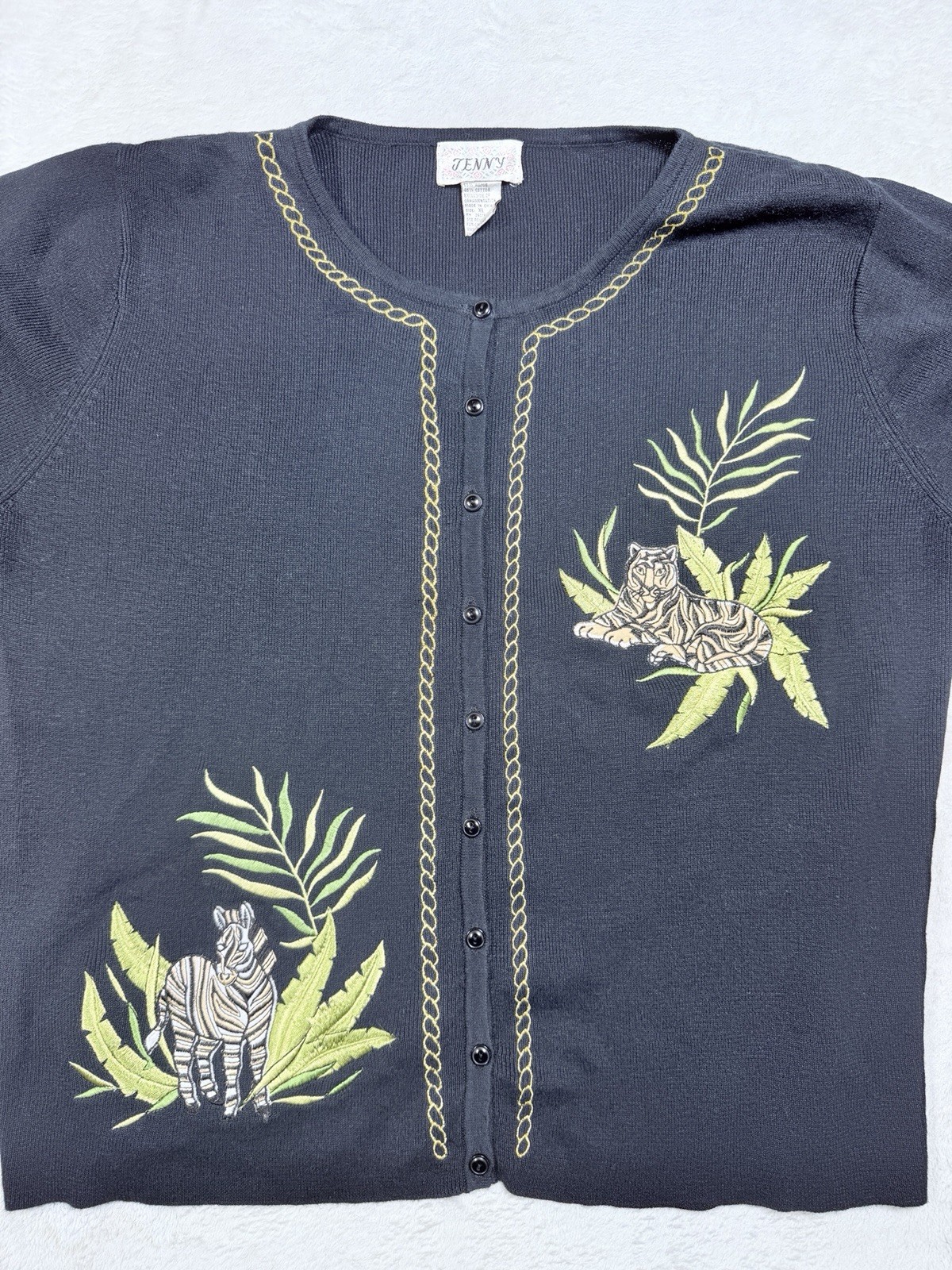 Vtg Jenny Safari Embroidered Tiger Zebra Cardigan Sweater Black Jungle Grand XL