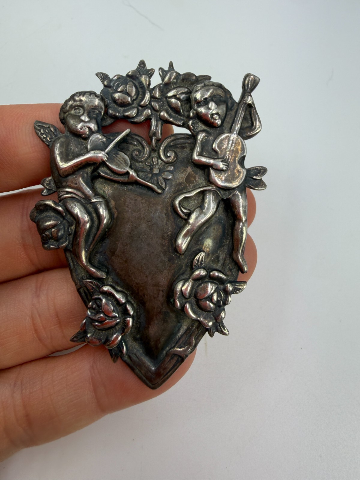 Vintage Brooch Pendant Margot de Taxco Heart Cherub Angel Large Size