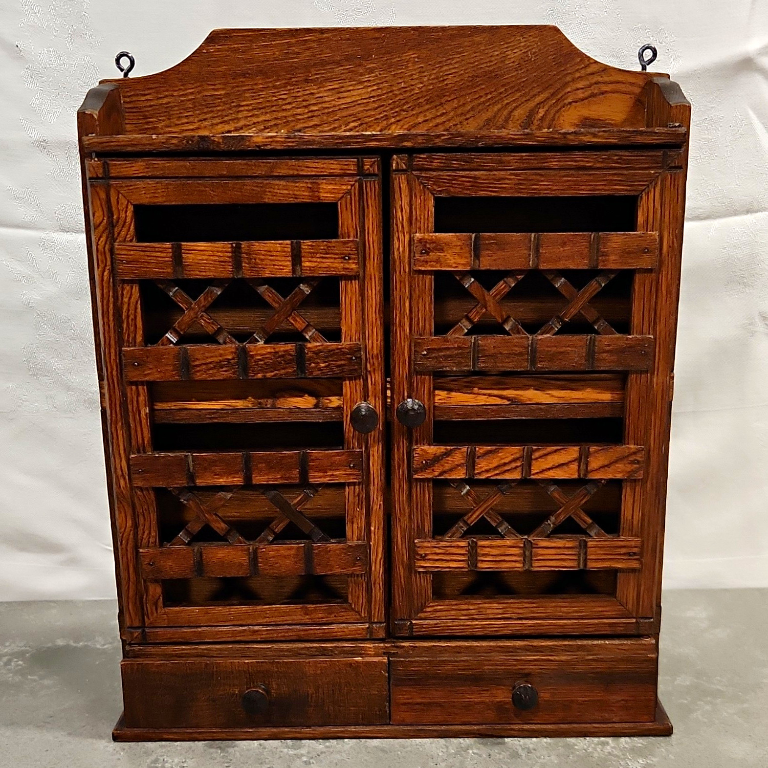 Vintage MCM Wood Wall Spice/Apothecary Curio Cabinet Lattice Doors 2 Drawer Vintage MCM Wood Wall Spice/Apothecary Curio Cabinet Lattice Doors 2 Drawer