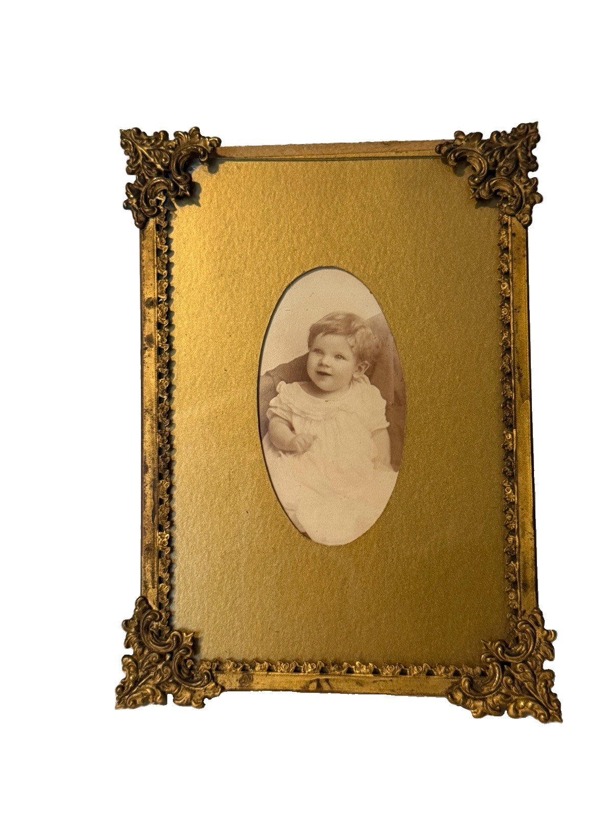 Antique Art Nouveau Cast Brass Easel Back Tabletop Ornate Frame Edwardian Infant