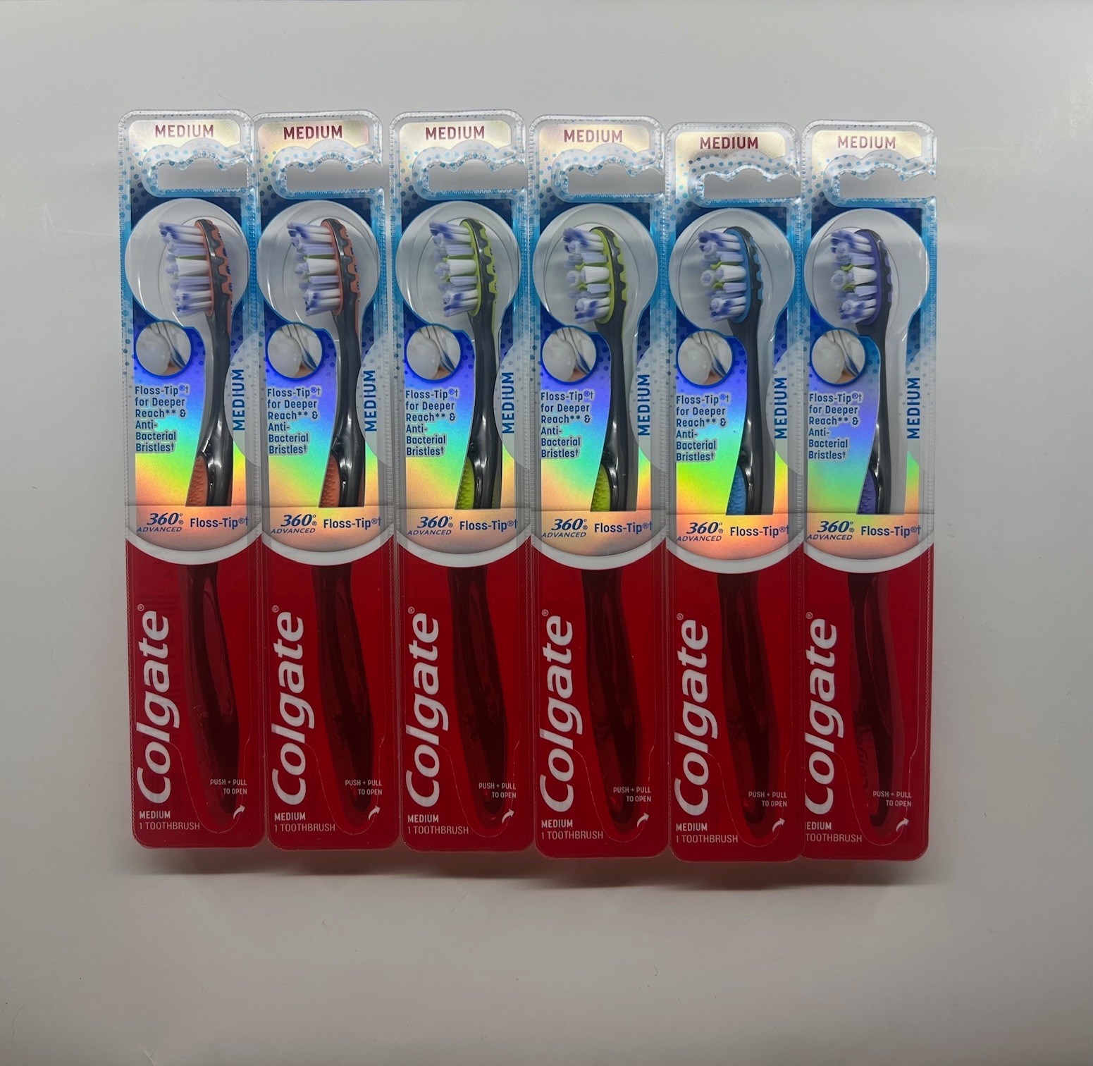 6 PACK Colgate 360 Advanced Floss-Tip Medium Toothbrushes, ASSORTED COLORS 6 PACK Colgate 360 Advanced Floss-Tip Medium Toothbrushes, ASSORTED COLORS