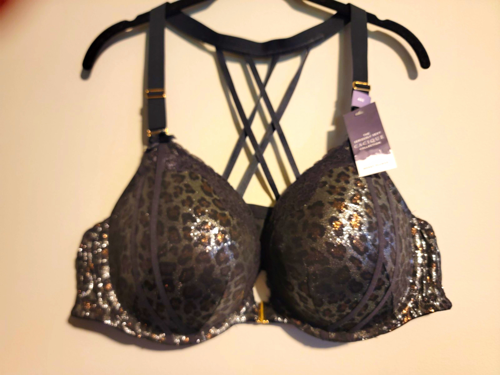 NWT Cacique Seriously Sexy Boost Plunge Underwire Bra 46C Black Silver Leopard