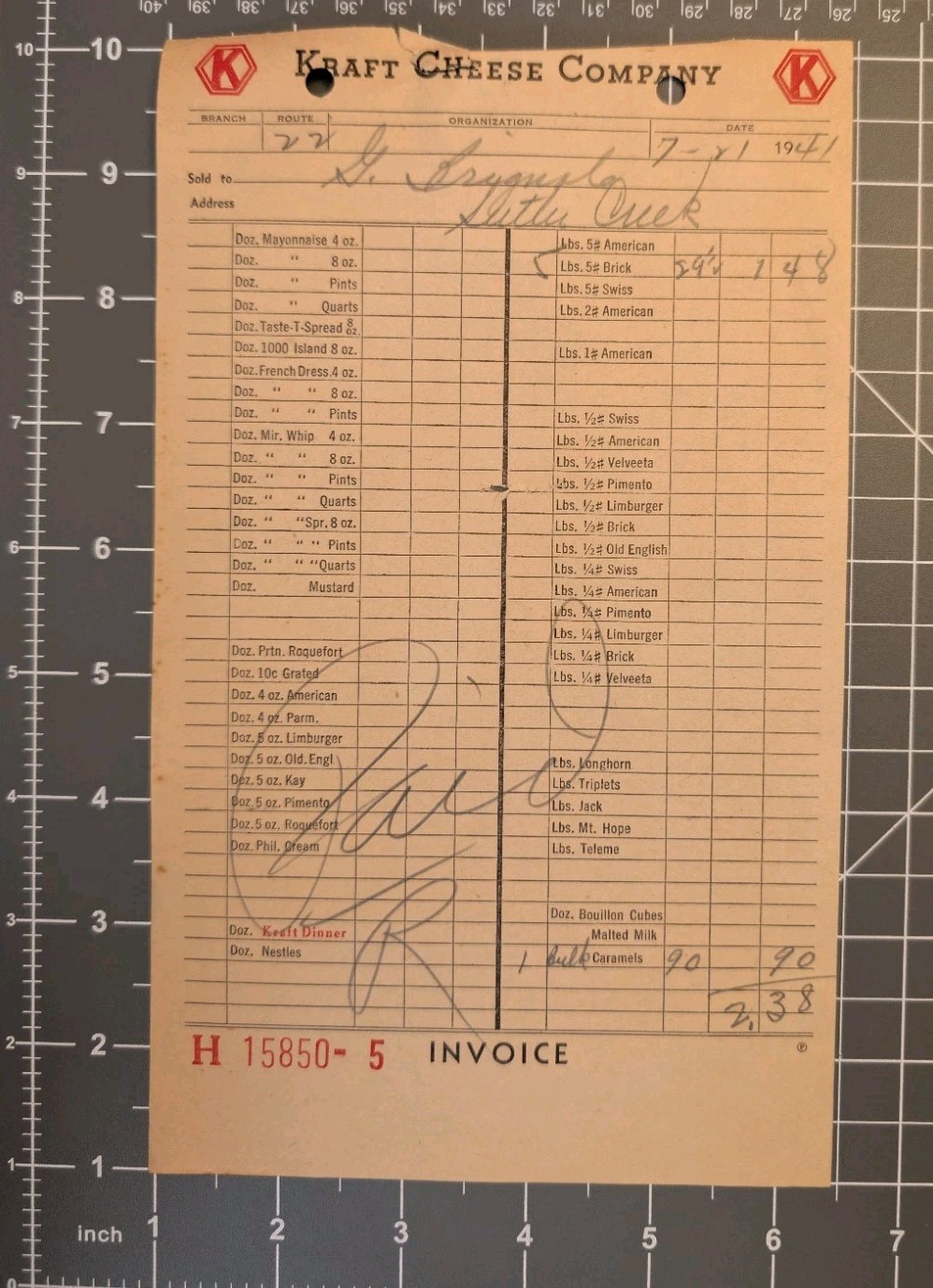 1941 Kraft Cheese Company Sutter Creek Wholesale Cheese Invoice California