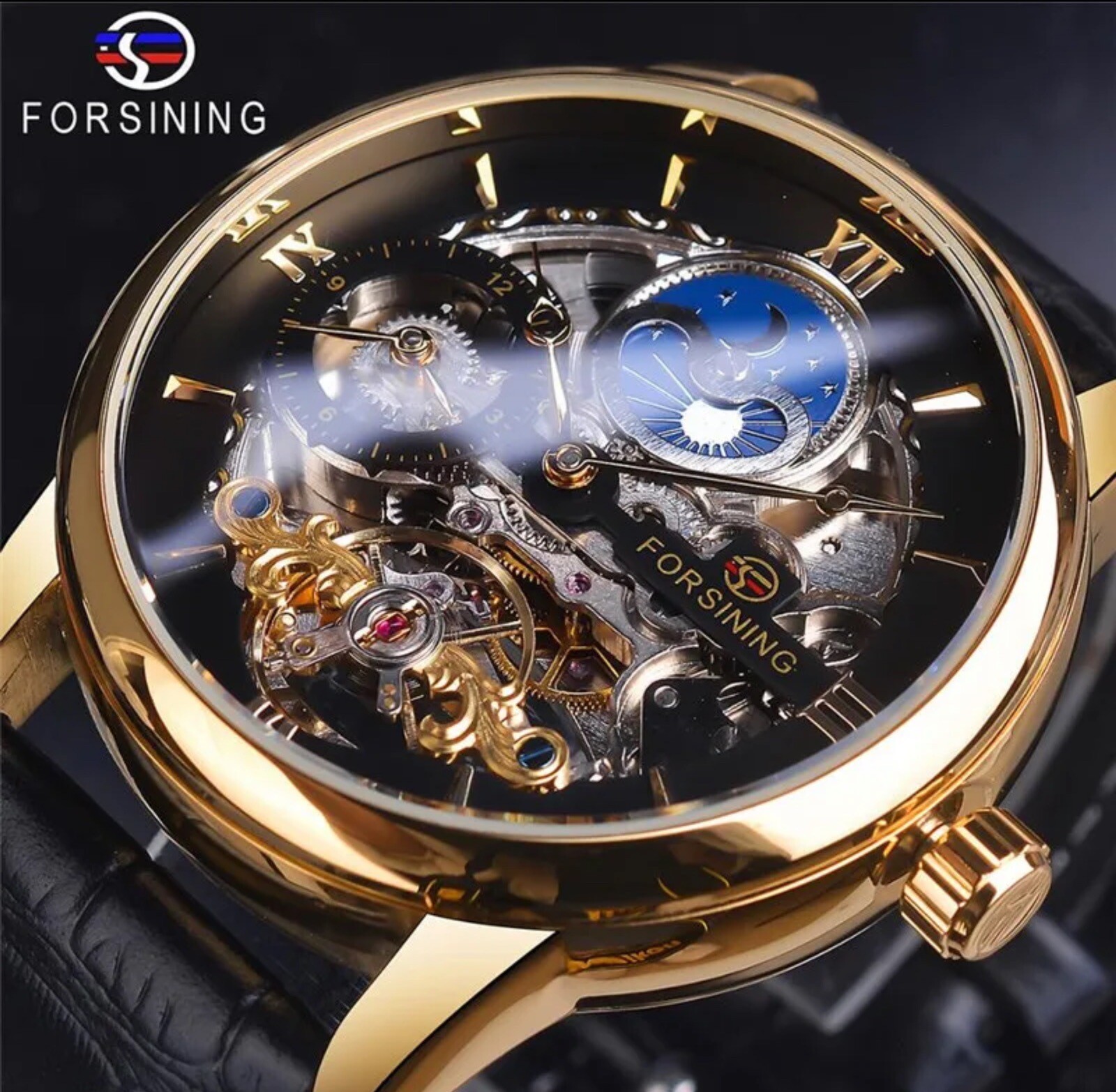 Forsining Luxury Skeleton Moon Dial Watch Mens Dual Time Zone Automatic Watch