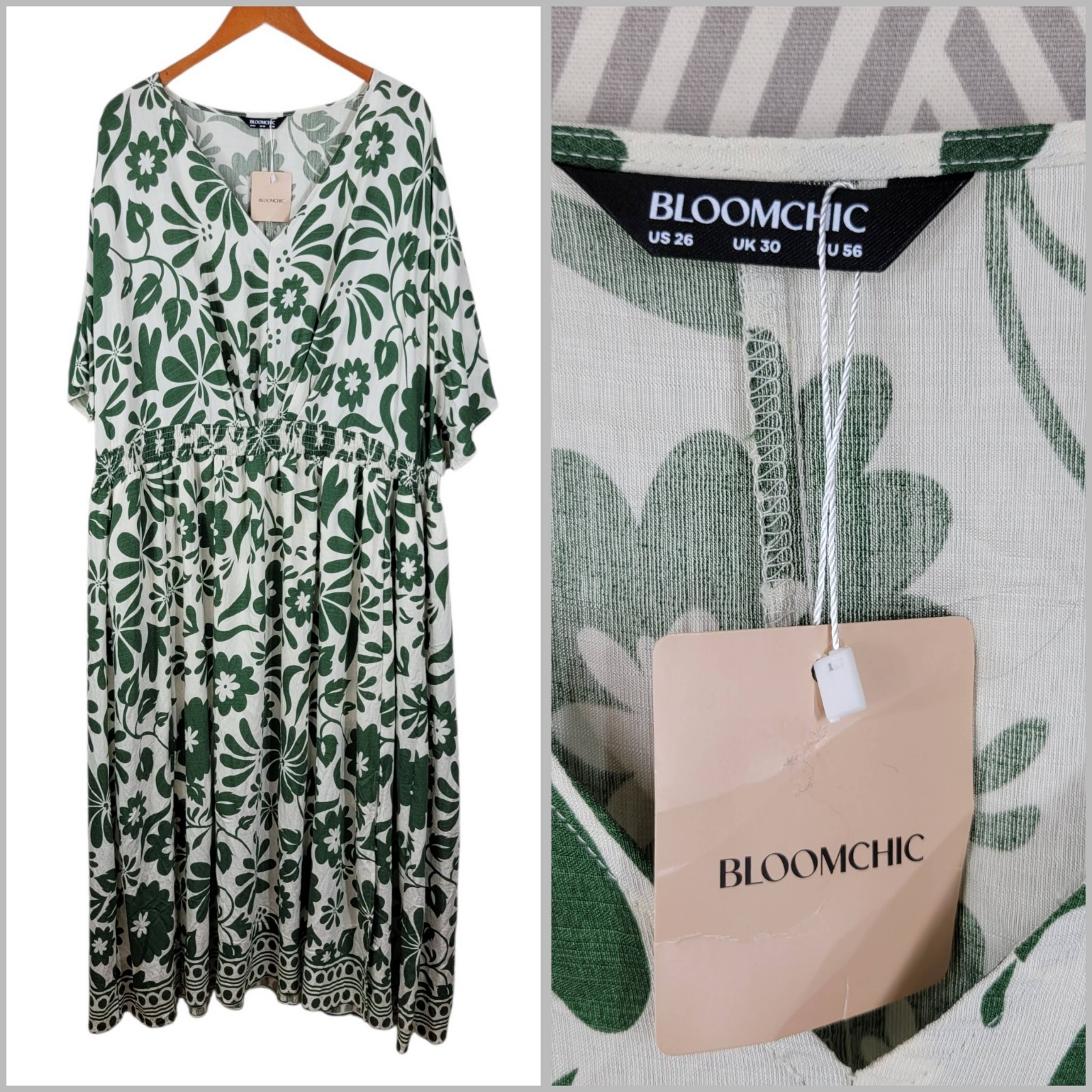NEW Bloomchic Plus 26 26W V-Neck Shirt Dress Green Pullover Floral Event Pockets NEW Bloomchic Plus 26 26W V-Neck Shirt Dress Green Pullover Floral Event Pockets