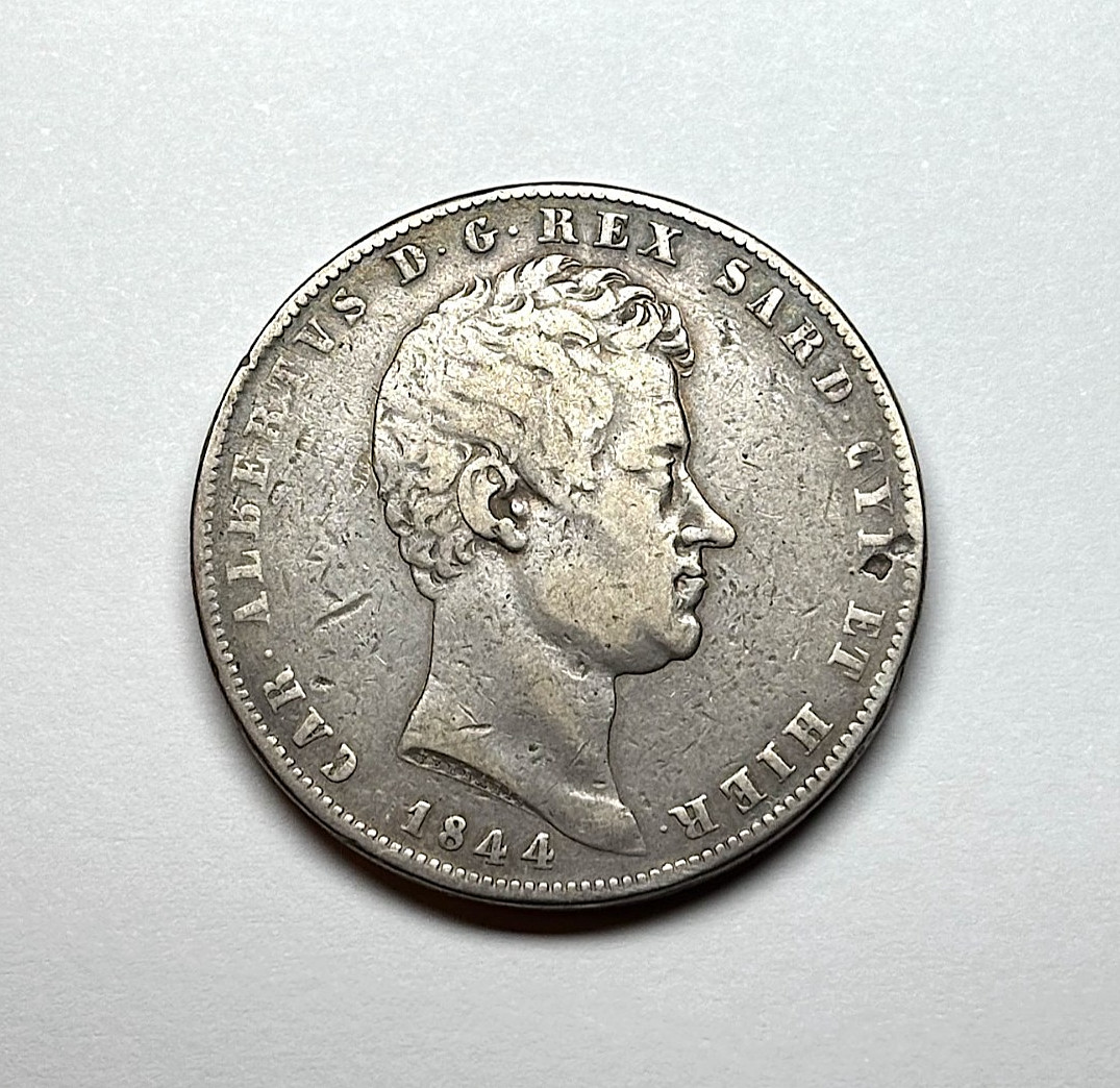 1844 Italy (Sardinia) - AR 5 Lire, KM-130.2. 1844 Italy (Sardinia) - AR 5 Lire, KM-130.2.