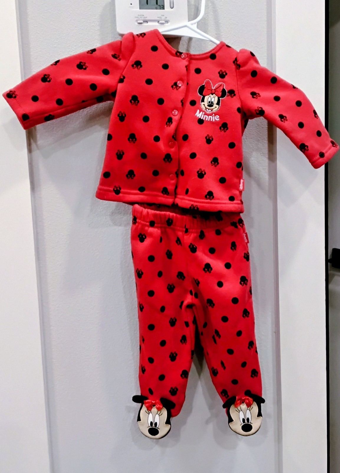 Disney Baby Minnie Mouse Set Red Polka Dot Fleece Top Footed Pants Bottoms 3-6M