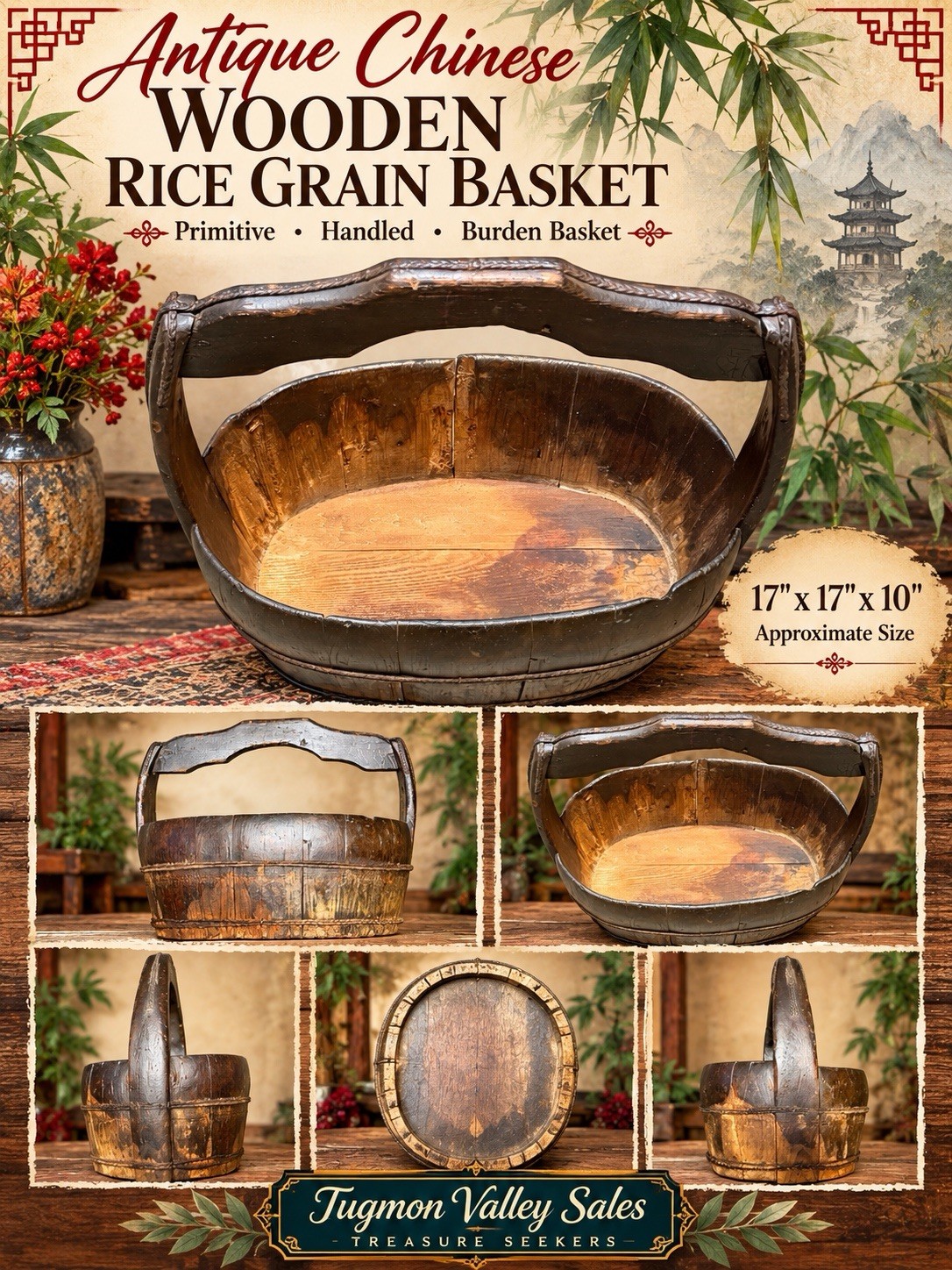 Antique Chinese Wooden Rice Grain Basket Primitive Handled Burden Basket 17”