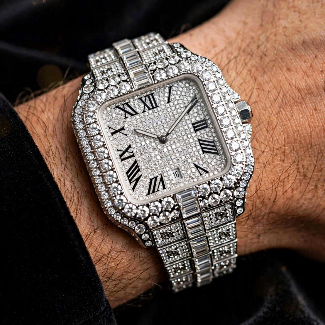 Luxury Silver-Tone Square Analog Watch Roman Dial Date Gem-Set Bezel w/ Box