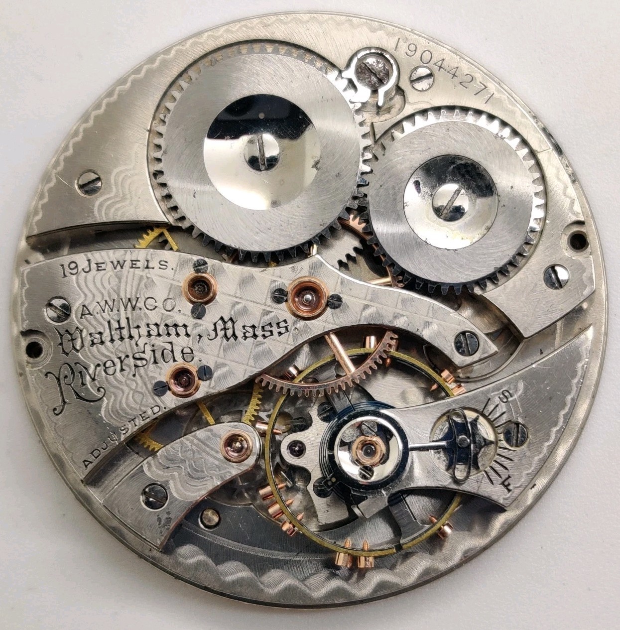 Waltham Riverside 1894 19 Jewel High Grade 12S watch movement Runs For Repair Waltham Riverside 1894 19 Jewel High Grade 12S watch movement Runs For Repair