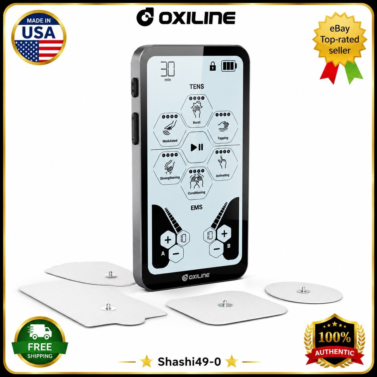 0xiline TENS XS Pro TENS EMS Unit Dual Channel Touchscreen 24 Modes-New🔥❗