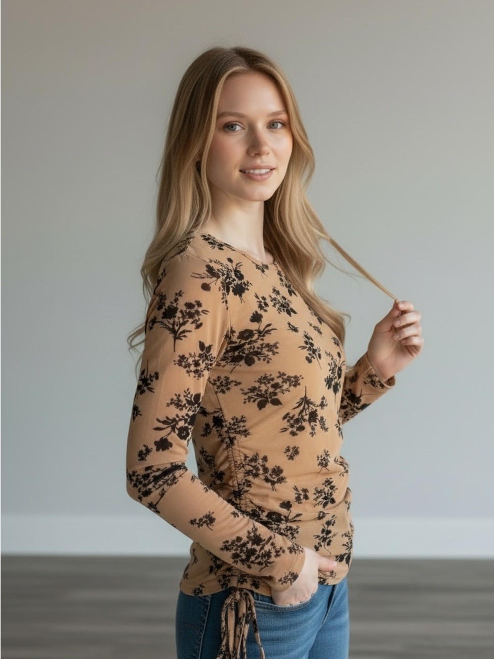Floral Ruched Tan Long Sleeve Top with Adjustable Ties Floral Ruched Tan Long Sleeve Top with Adjustable Ties