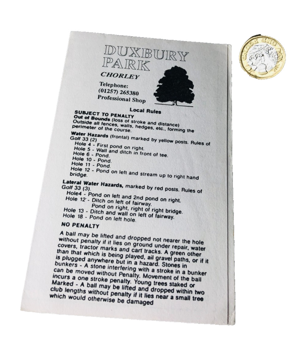 Golfing Golf Score Card Duxbury Park Chorley Vintage ra