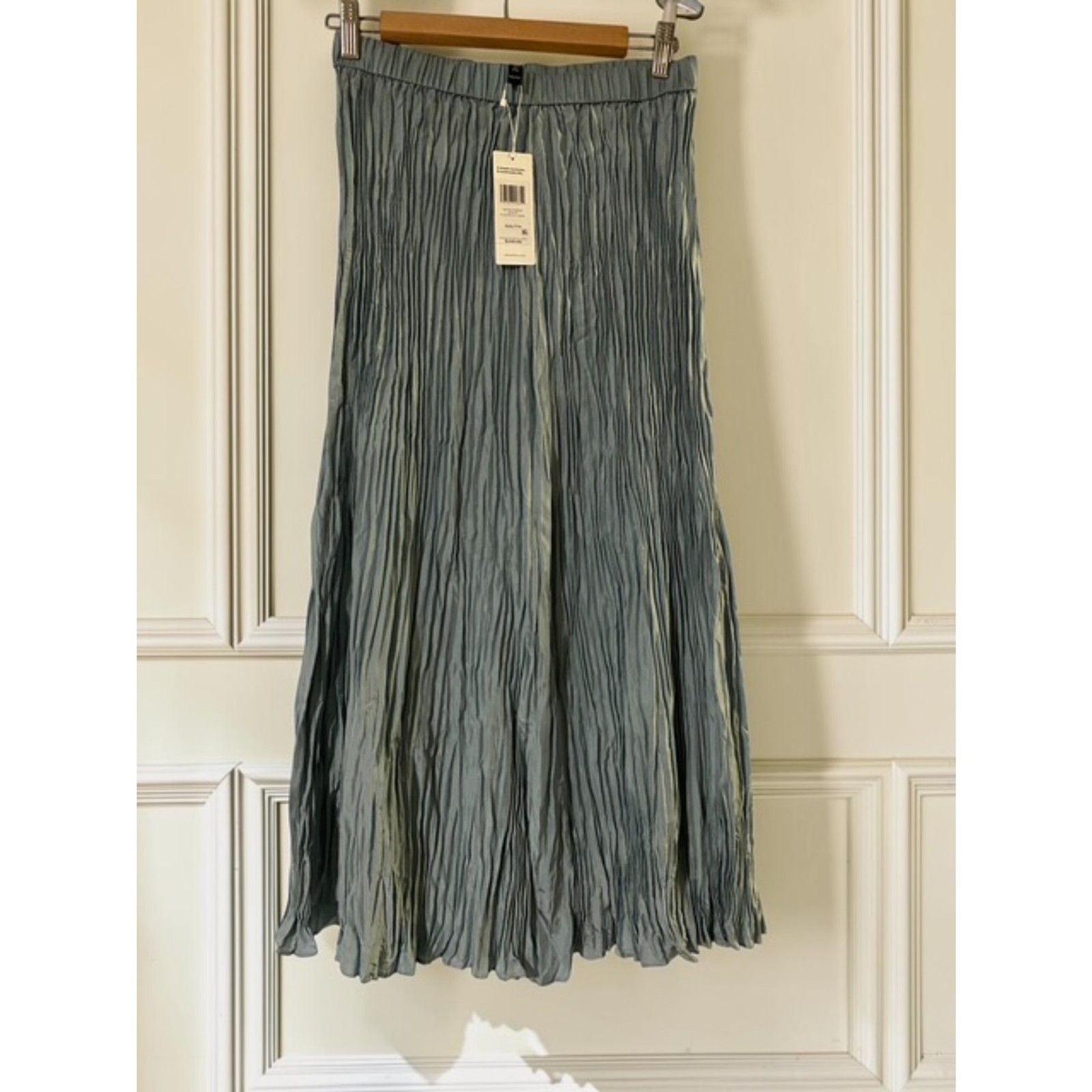 NWT Eileen Fisher Crushed Silk Pleated Full Length Maxi Skirt Seafoam XXS $248
