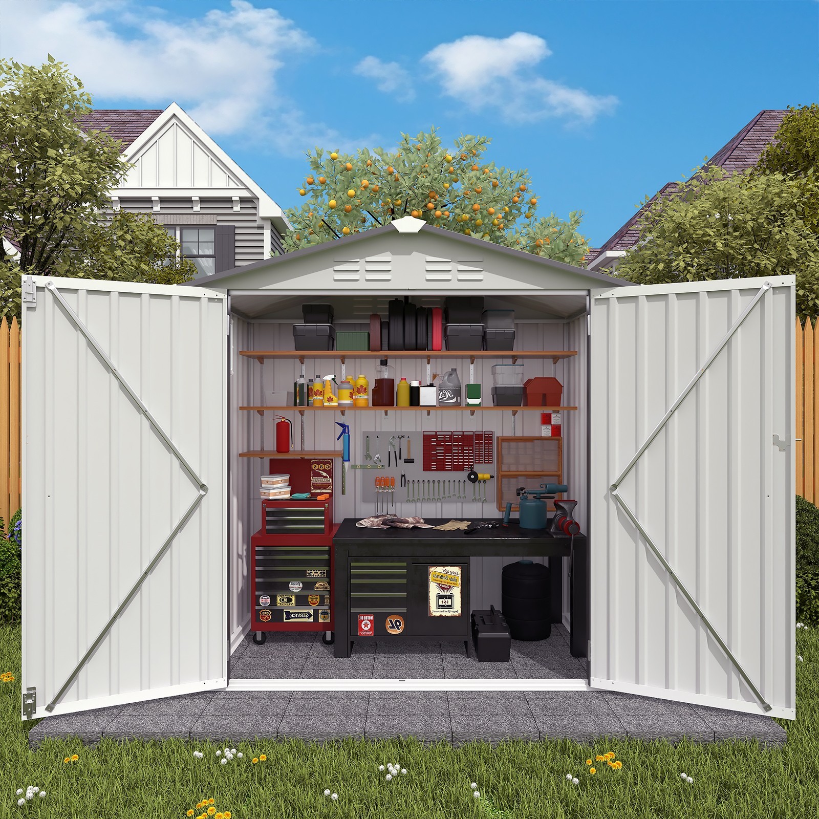 6x3.6 FT White Metal Lean To Shed with Window & Door, Outdoor Storage Shed