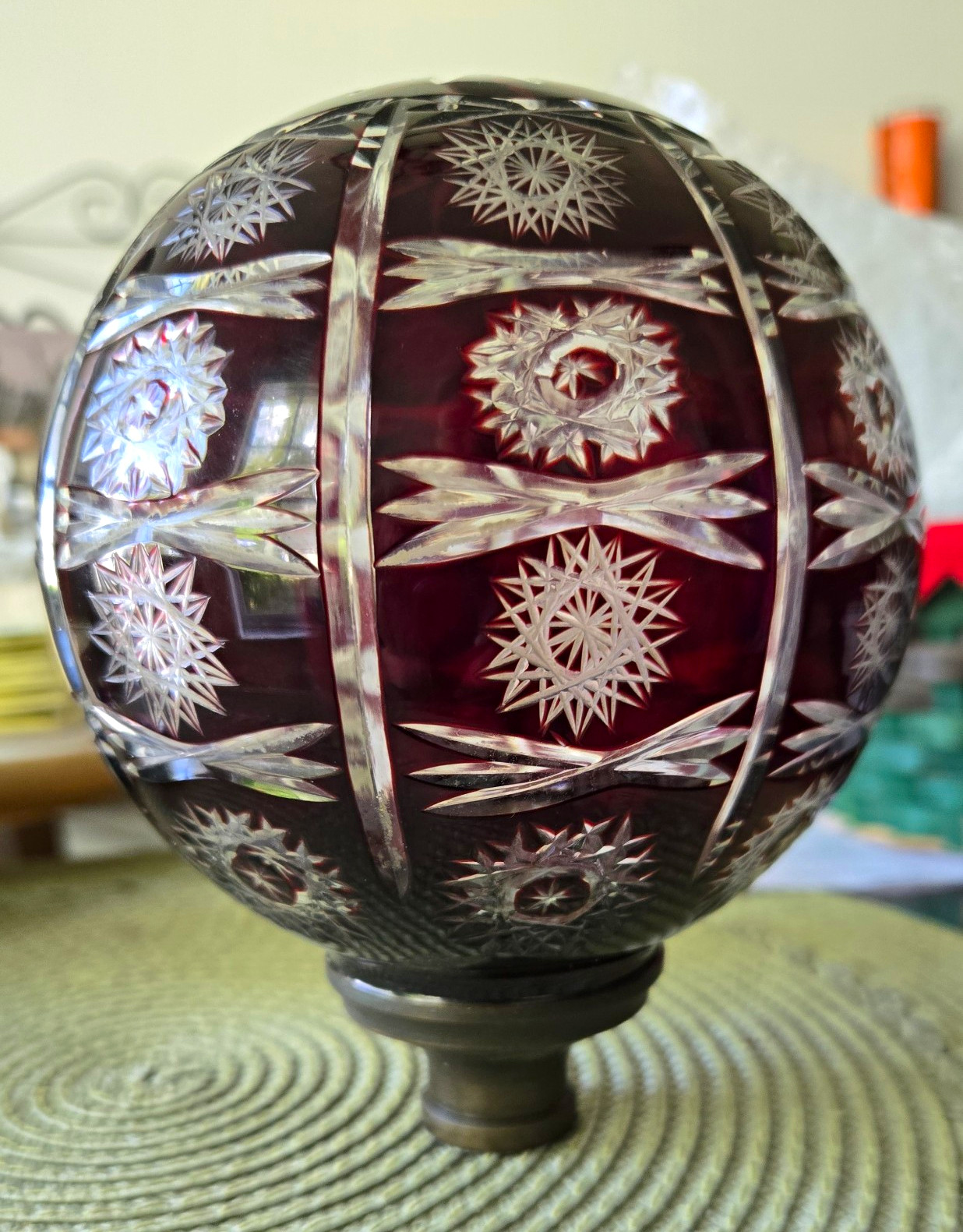 Antique French Ruby Cut to Clear Crystal Newel Post Finial- 19C Boule D'Escalier