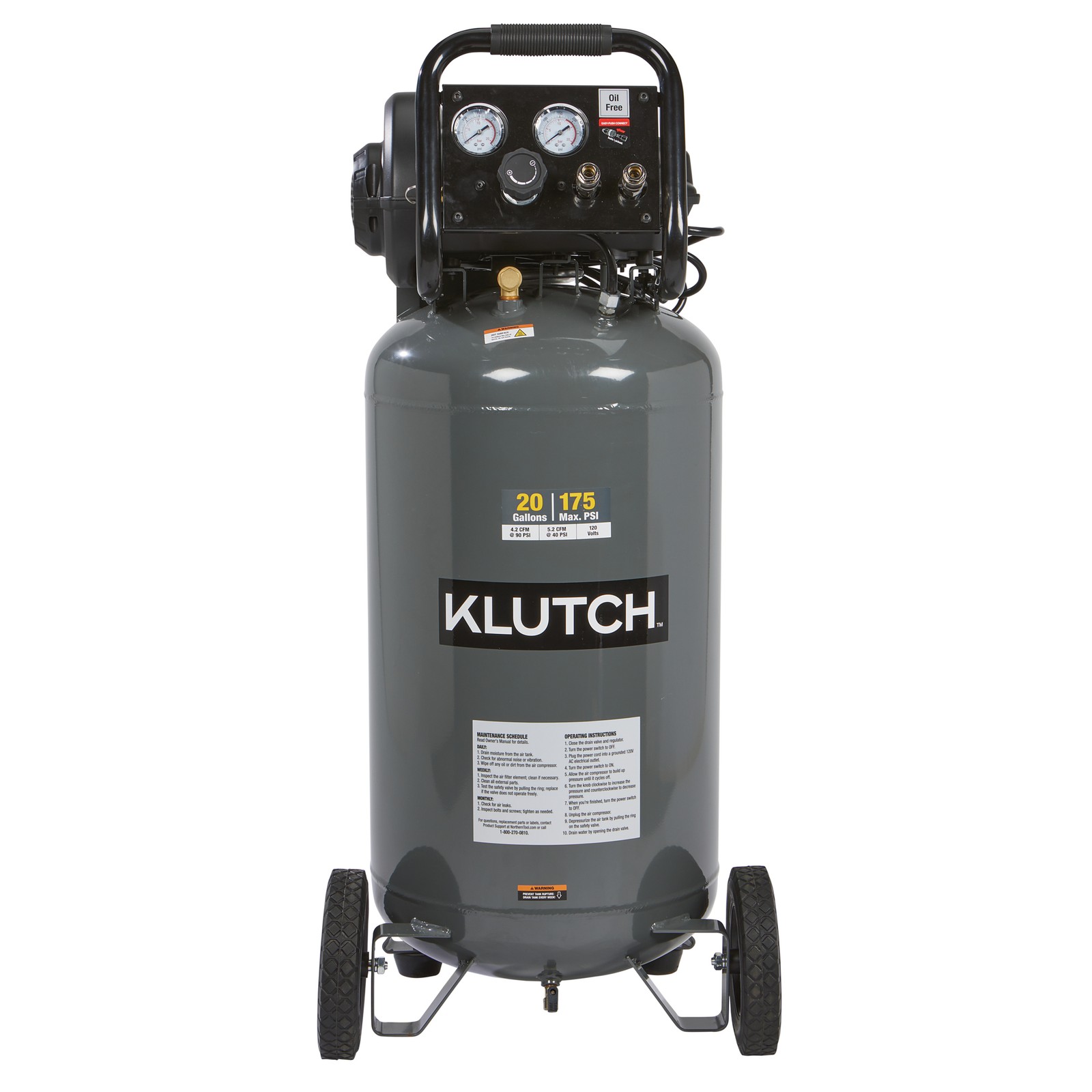 Klutch 20-Gallon Air Compressor, 2 HP, 120 Volts, 175 PSI Klutch 20-Gallon Air Compressor, 2 HP, 120 Volts, 175 PSI