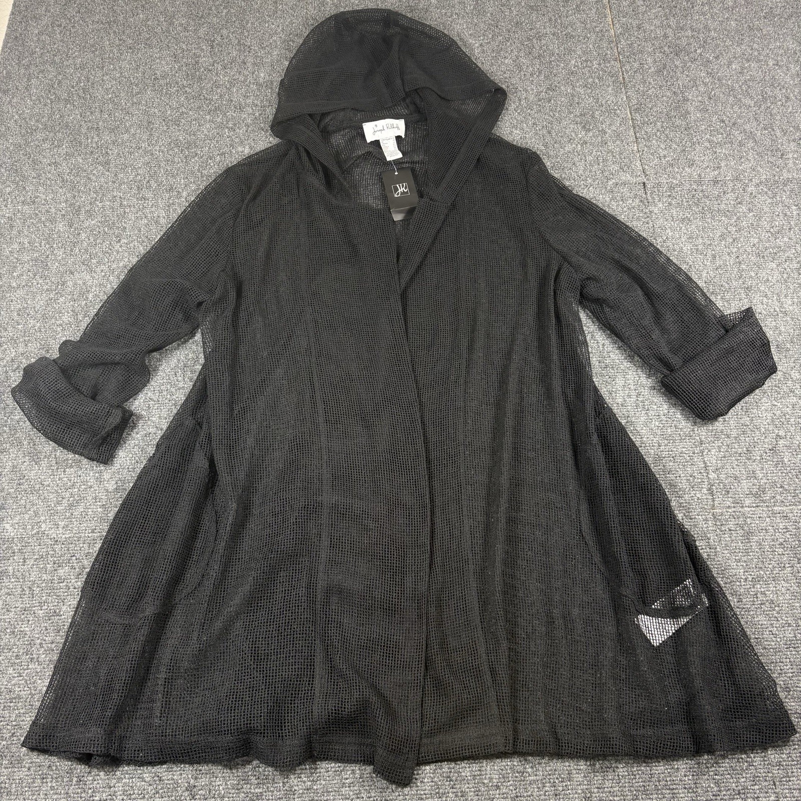 Joseph Ribkoff NEW Black Sheer Mesh Hooded Open Front Cardigan Top Jacket Sz 14