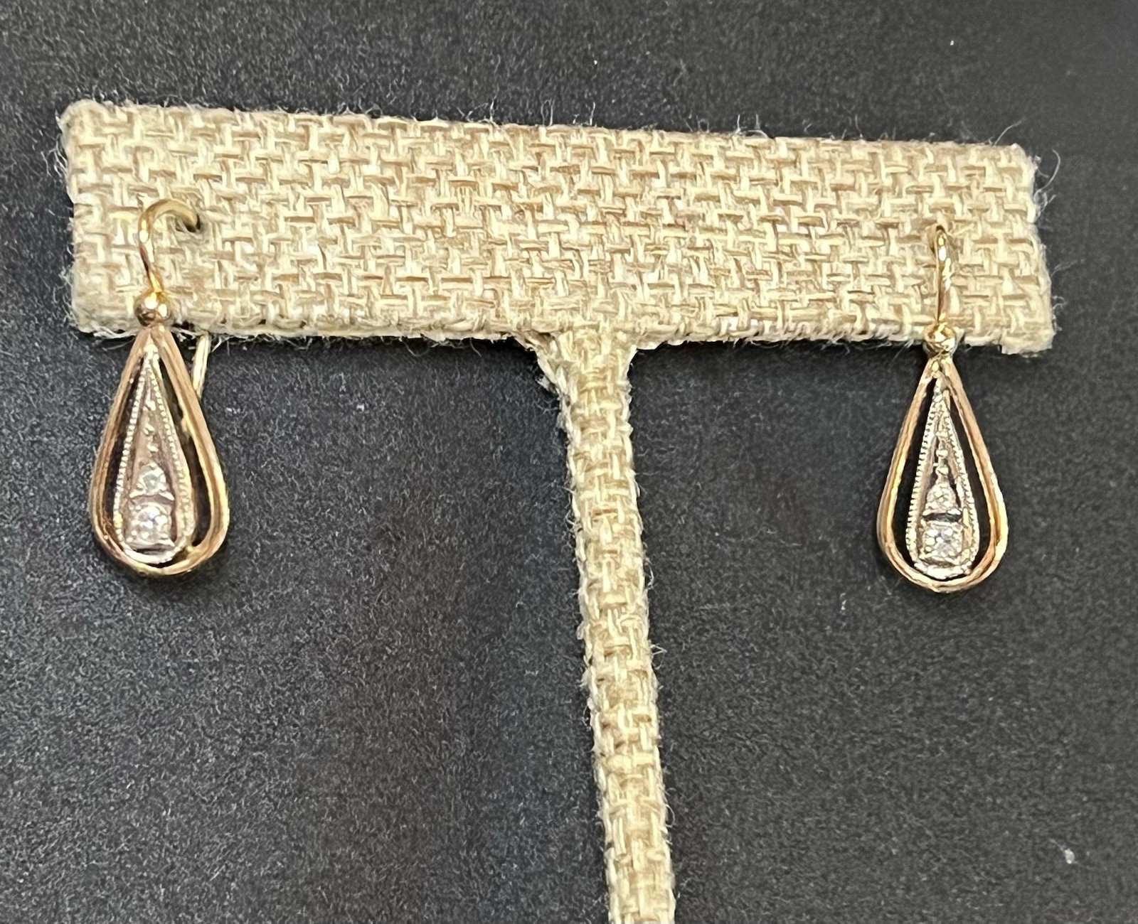 Vintage East European 14K 583 Gold Diamond Drop Earrings 4 Diamonds French Wire