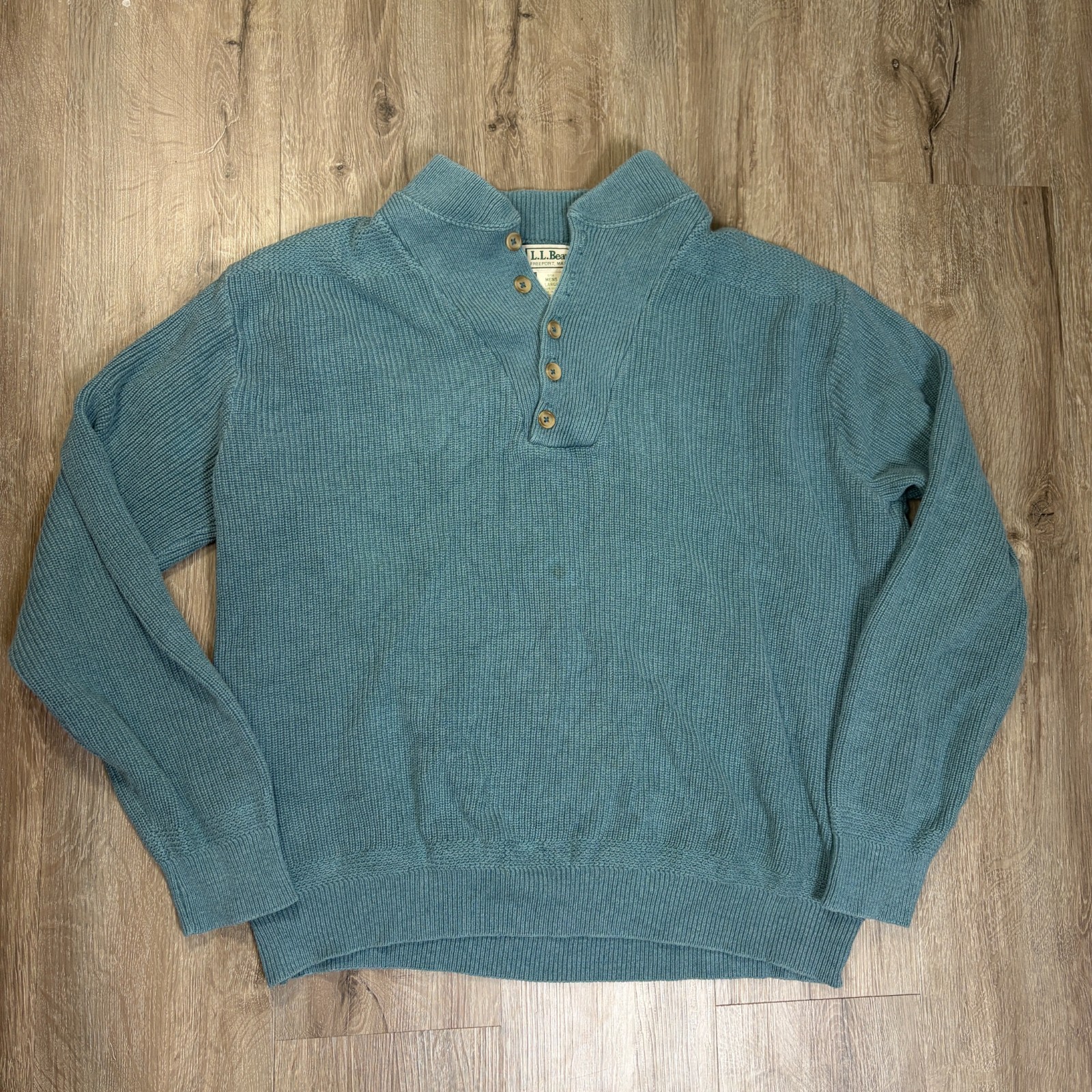 VTG LL Bean Henley Sweater Large Blue Teal Made in USA 1/4 Button Ribbed Cotton 