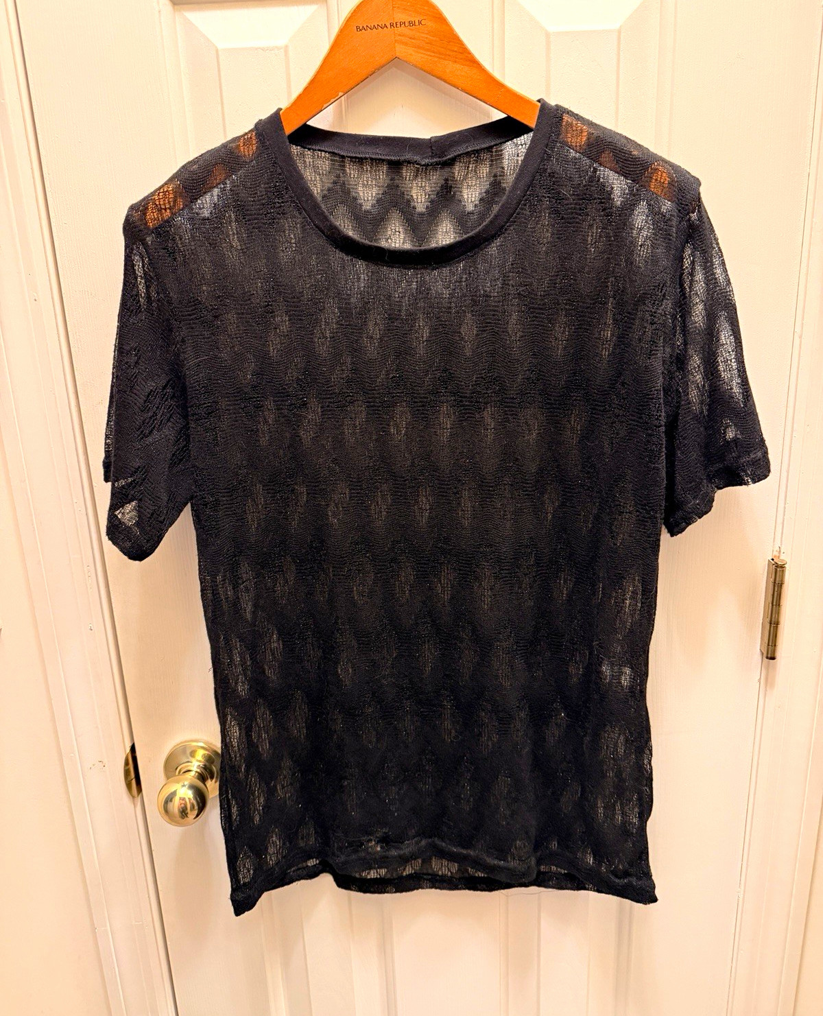 Zara Black Sheer Mesh Top M Crew Neck Short Sleeve Pullover Solid