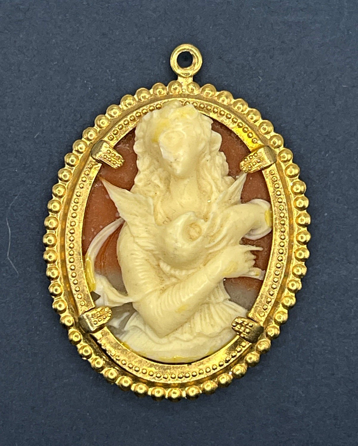 Vintage Cameo Style Lady angel Bird Pendant Gold Tone Molded Relief Jewelry