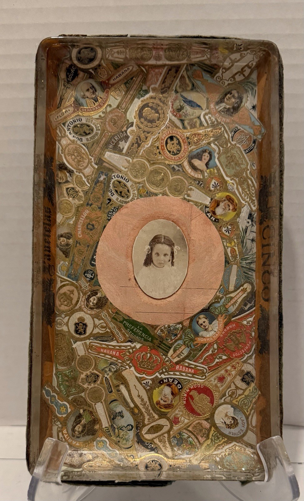 Antique Folk Art Tray w/Collage of Cigar Bands & Labels w/Child Photo under Glas