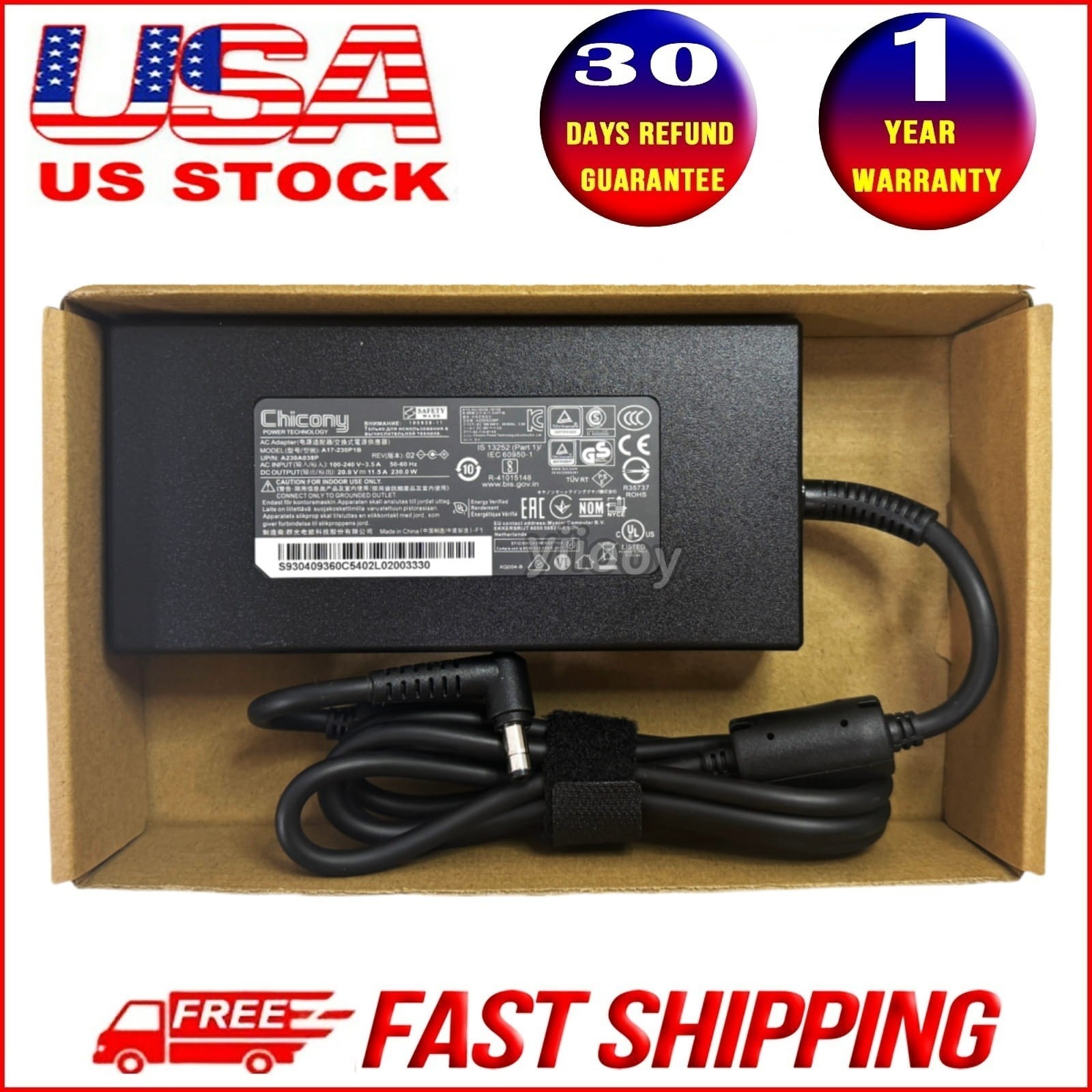 New OEM A17-230P1B 230W 20V Chicony AC Adapter Charger for MSI GE66 Raider 10UG