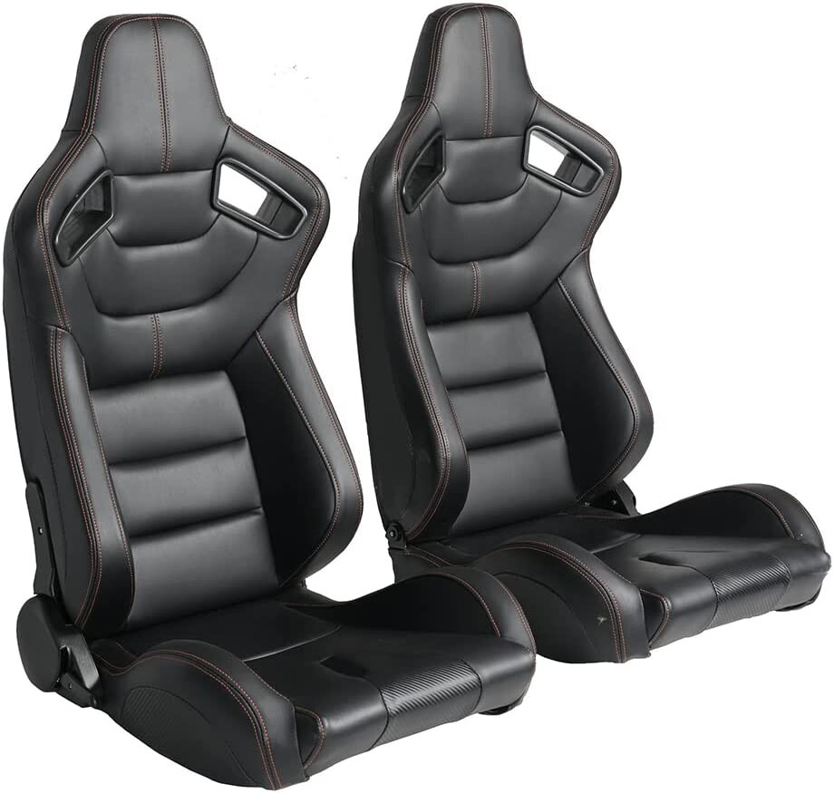 Universal Set of 2 Racing Seats Pair Black Leather Reclinable Bucket Sport Seats