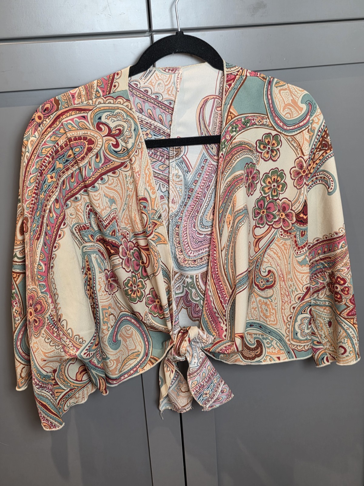 Women\'s Kimono Sleeve Paisley Print Boho Front Tie Top Brown Green Blue Red