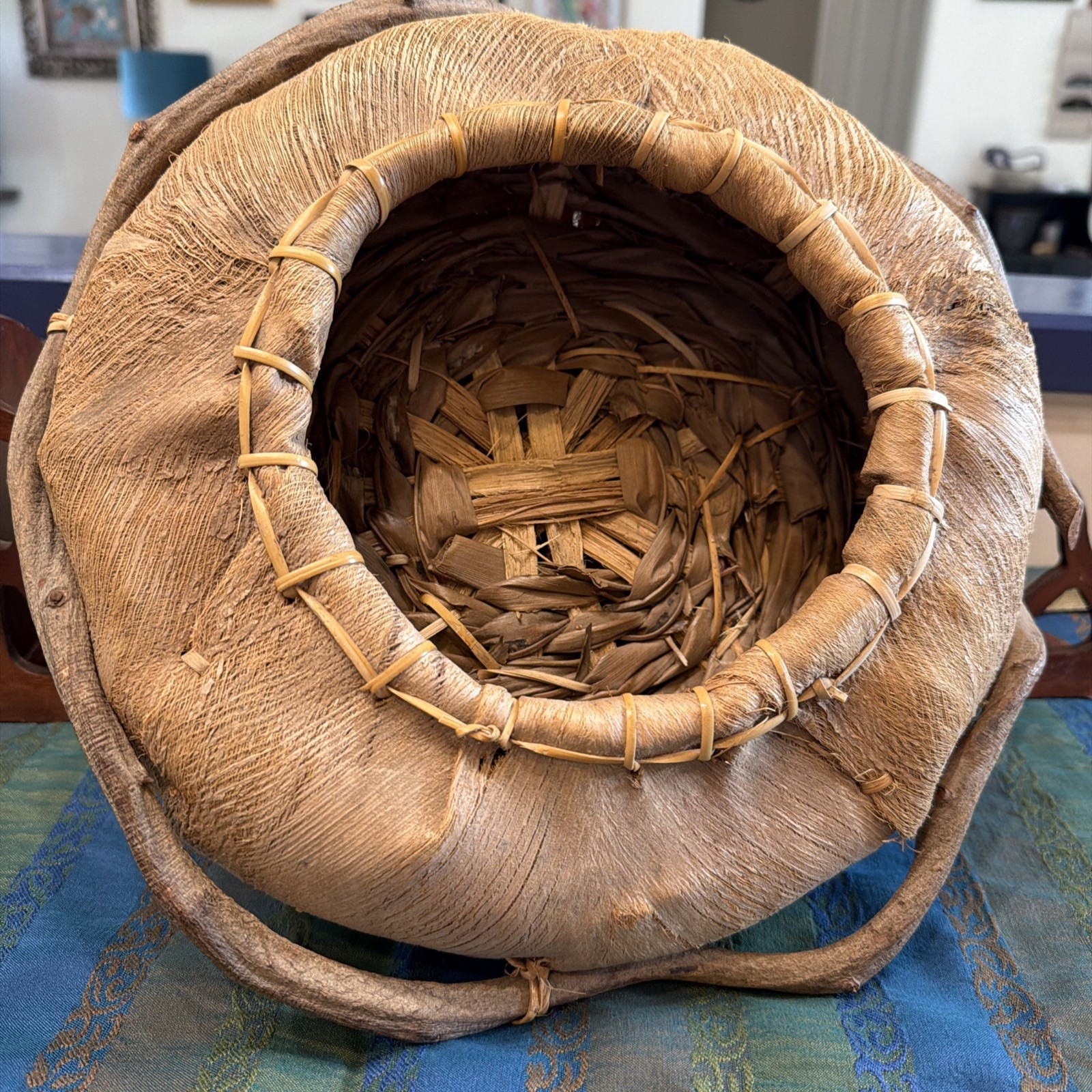 Antique African Coconut Husk, Palm Leaf & Grapevine Woven Basket Vine Handles ￼